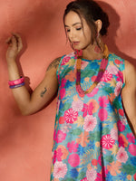 Thumbnail for InWeave Blue Floral Fuchsia Asymmetrical Dress