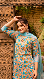 Thumbnail for Pomcha Jaipur Gaurangi Blue Peach Phool Jaal Suit Set