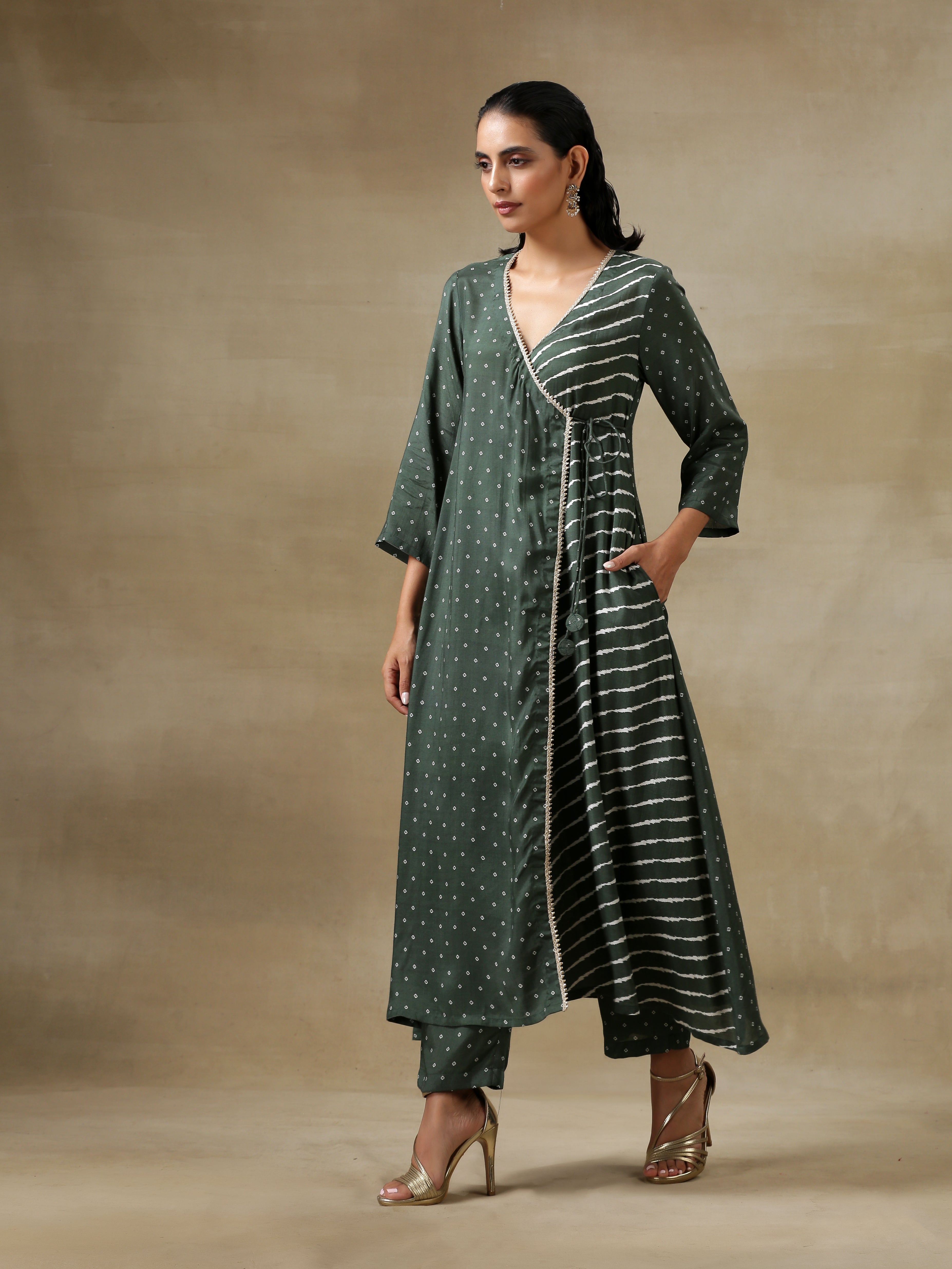 trueBrowns Dark Green Bandhani Printed Silk Angrakha Kurta Pant Set - Distacart
