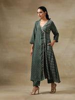 Thumbnail for trueBrowns Dark Green Bandhani Printed Silk Angrakha Kurta Pant Set - Distacart