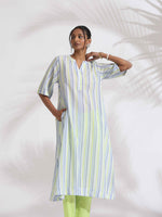 Thumbnail for trueBrowns White Cotton Multi Stripe Flared Kurta Set
