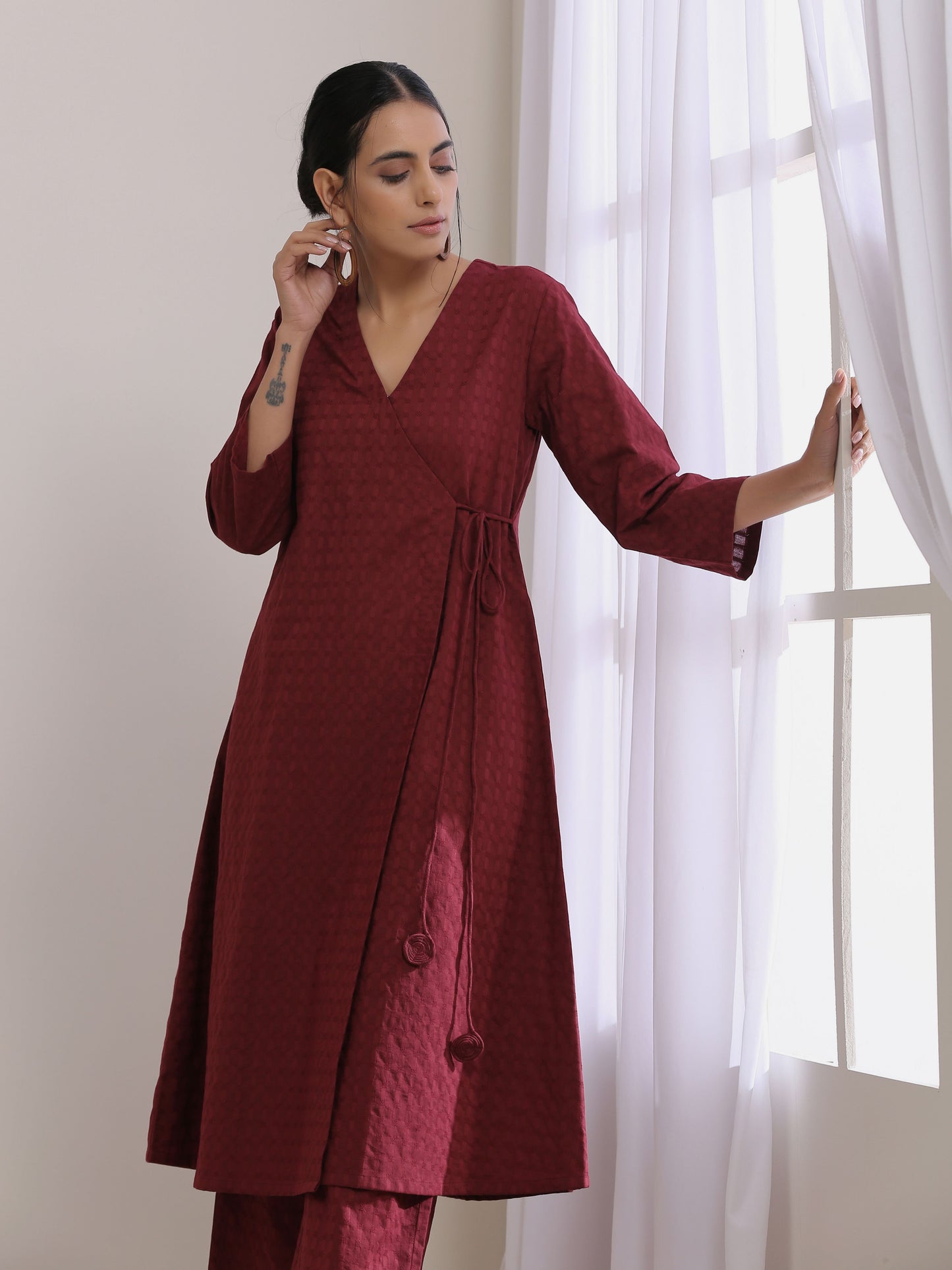 trueBrowns Ruby Wine Dobby Angrakha Pant Set - Distacart