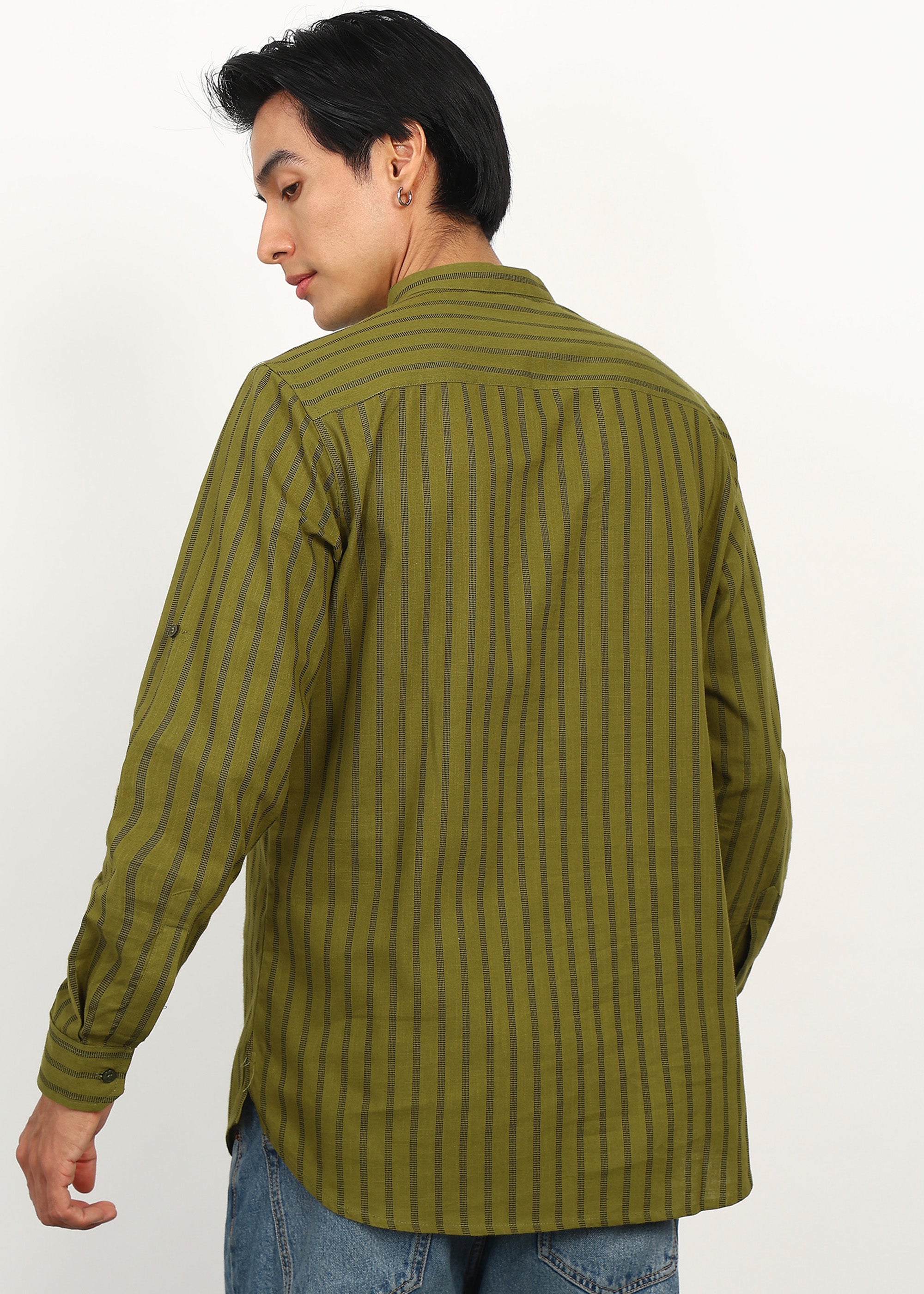 Fabmade Olive Stripe Linen Kurta - Distacart