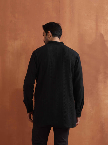 trueBrowns Men's Black Textured Cotton Dobby Short Kurta - Distacart