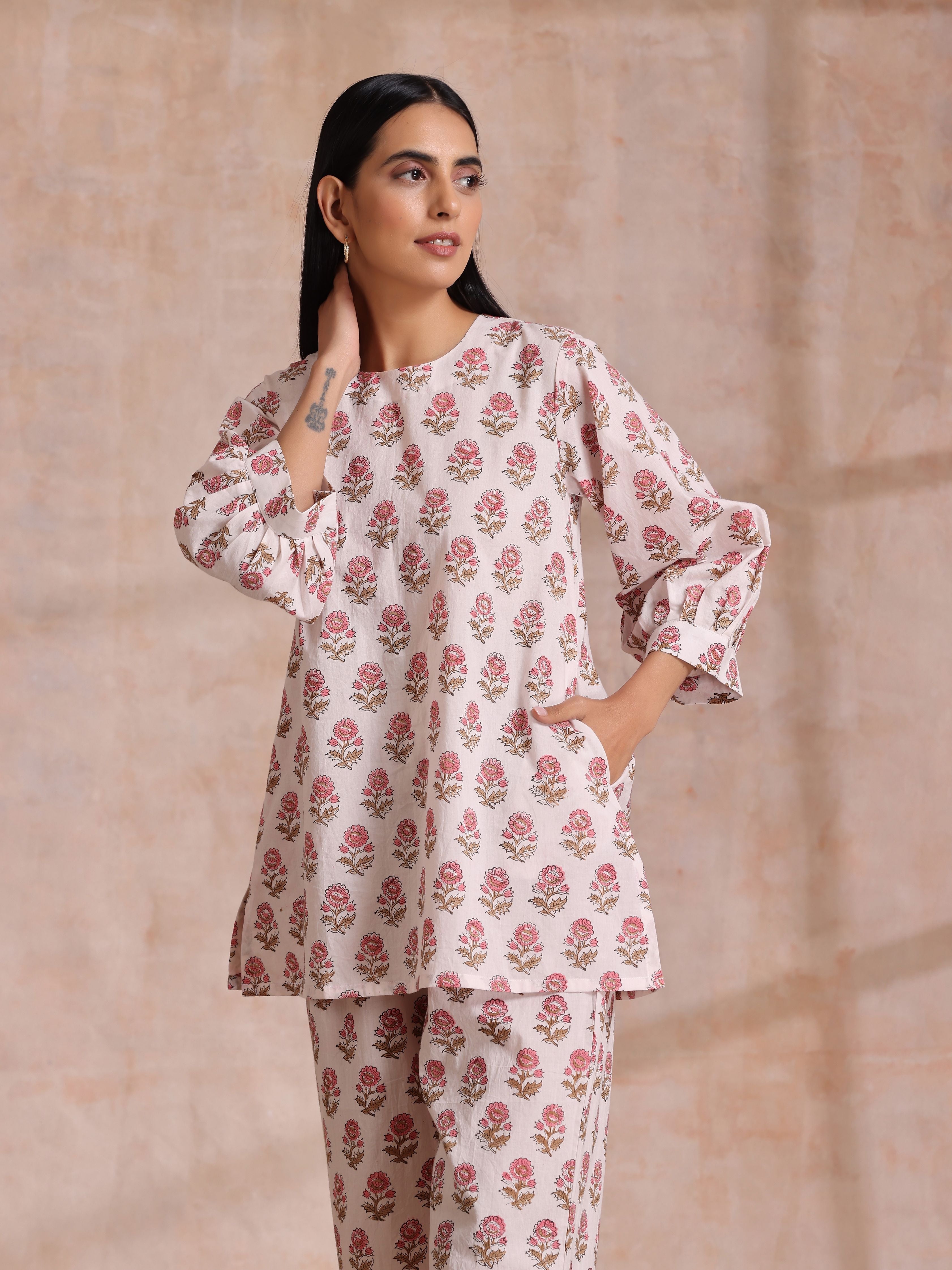 trueBrowns Pink Brown Buta On White Block Print Cotton Baggy Sleeve Co-Ord Set - Distacart