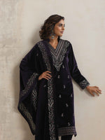 Thumbnail for trueBrowns Purple Velvet Embroidered Kurta Pant Dupatta Set