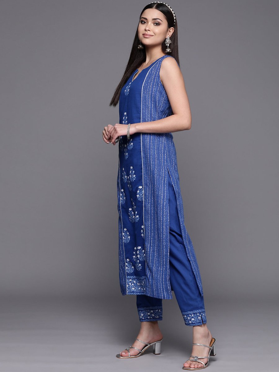 Ahalyaa Women Blue Floral Printed Pure Cotton Kurta with Trousers - Distacart