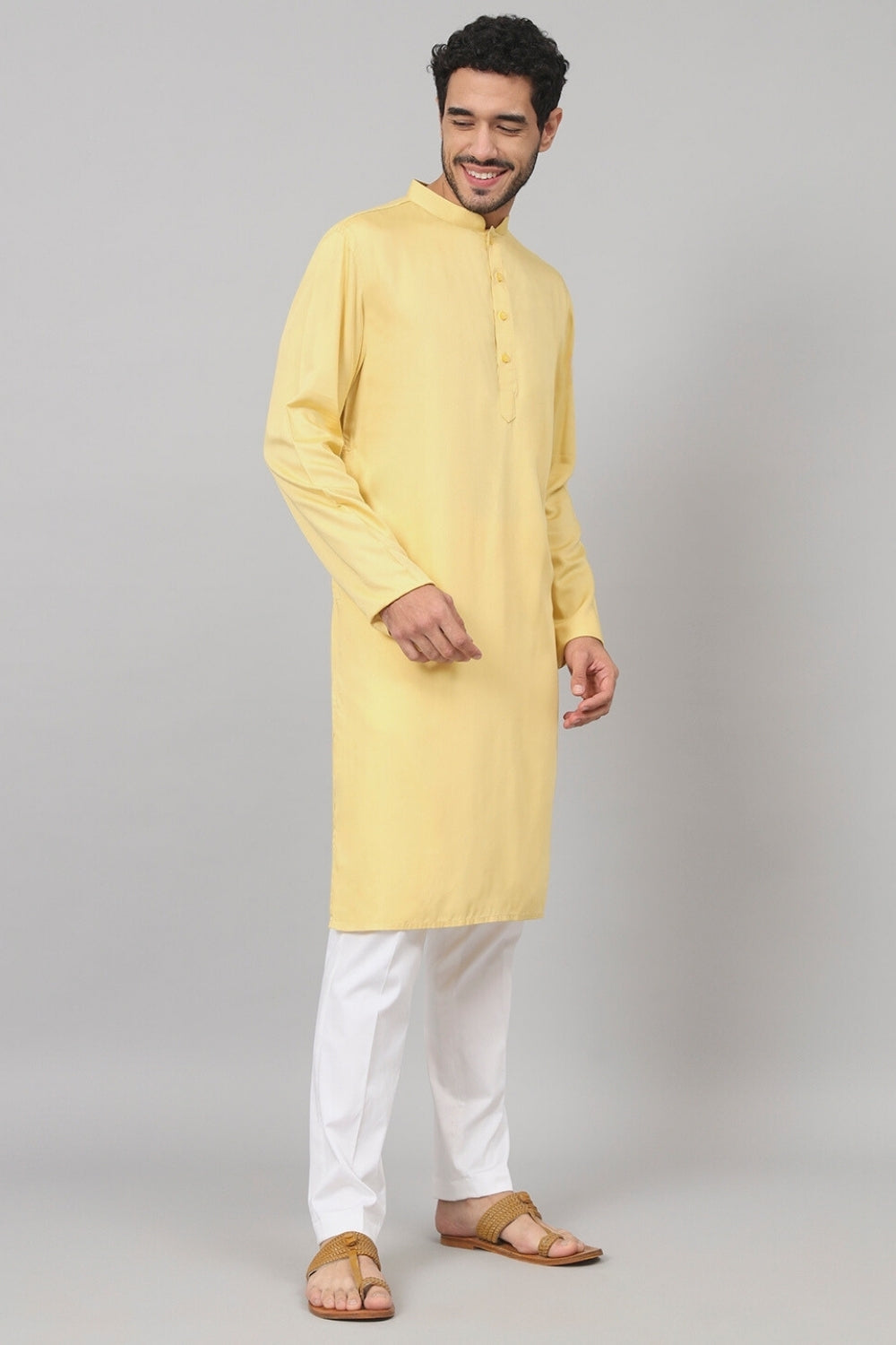 Giza Cotton Yellow Plain Kurta by Hilo Design