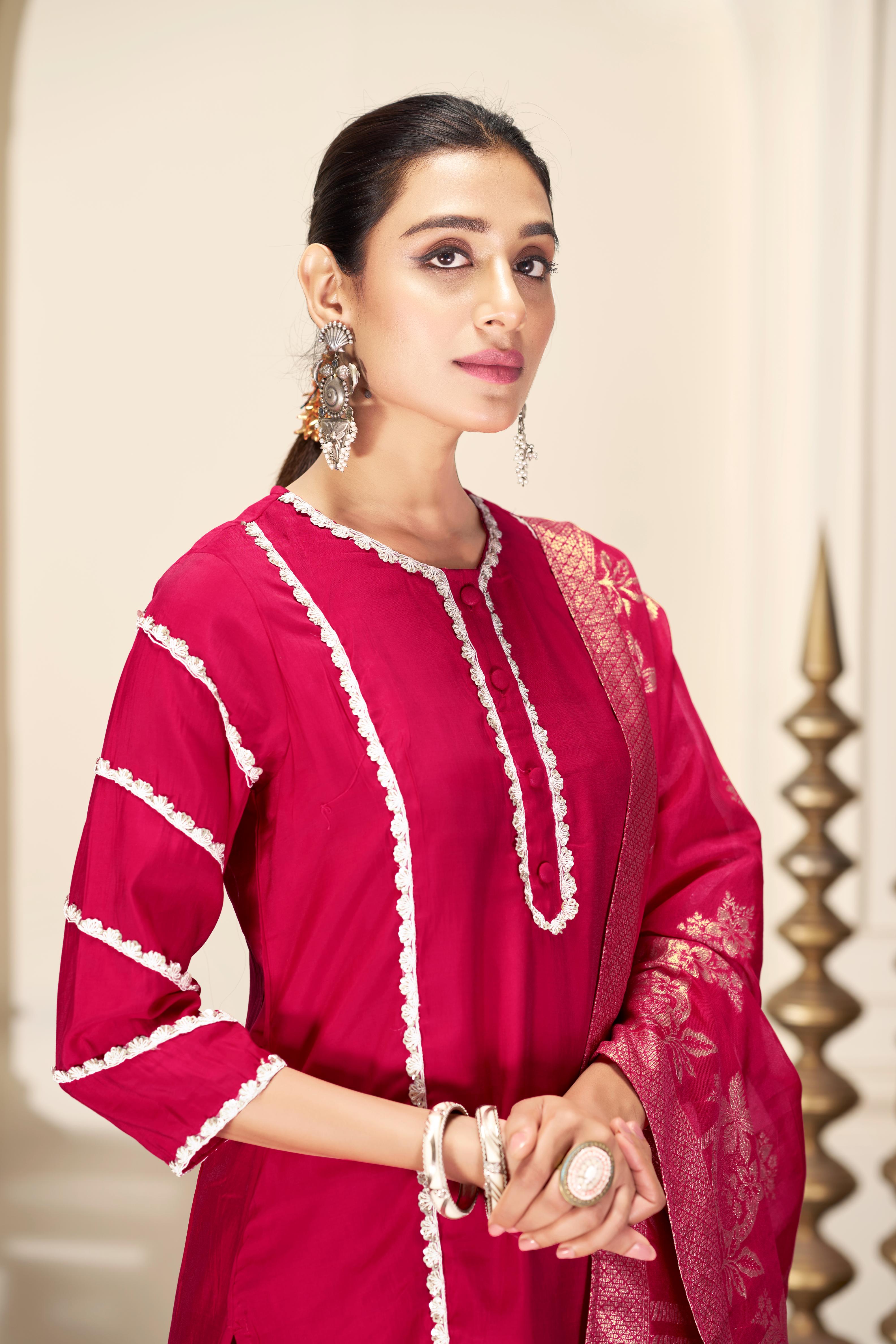 BulBul Almina Red Silk Kurta Set with Dupatta