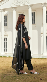 Thumbnail for BulBul Akanksha Black Cotton Kurta Set with Dupatta