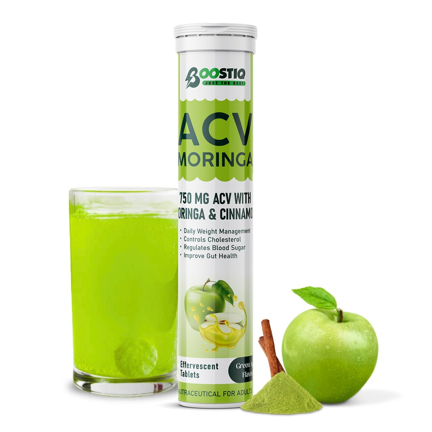 BOOSTIQ Apple Cider Vinegar With Moringa Effervescent Tablets - Green Apple Flavour - Distacart