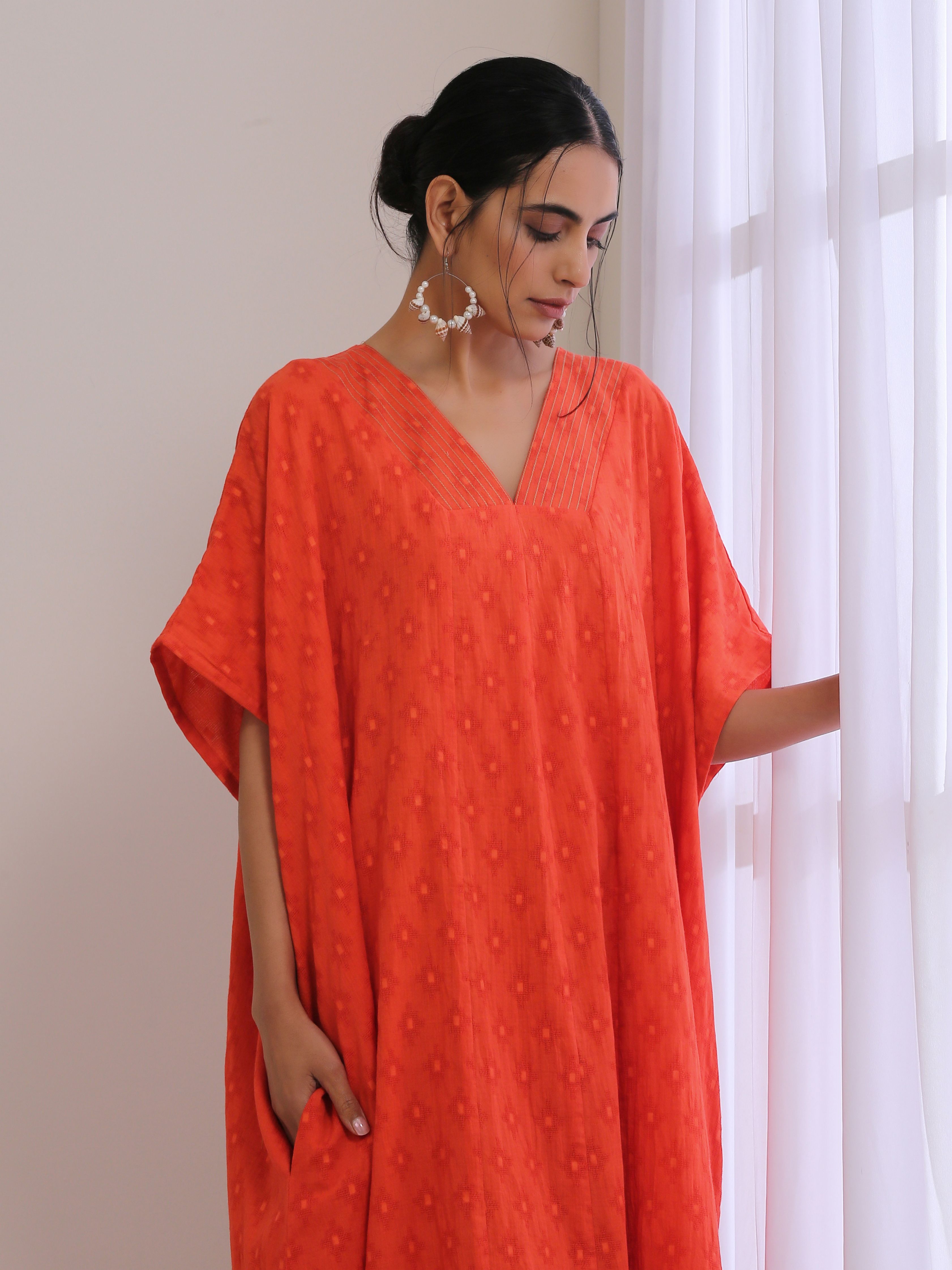 trueBrowns Orange Dobby Panel Kaftan Dress - Distacart
