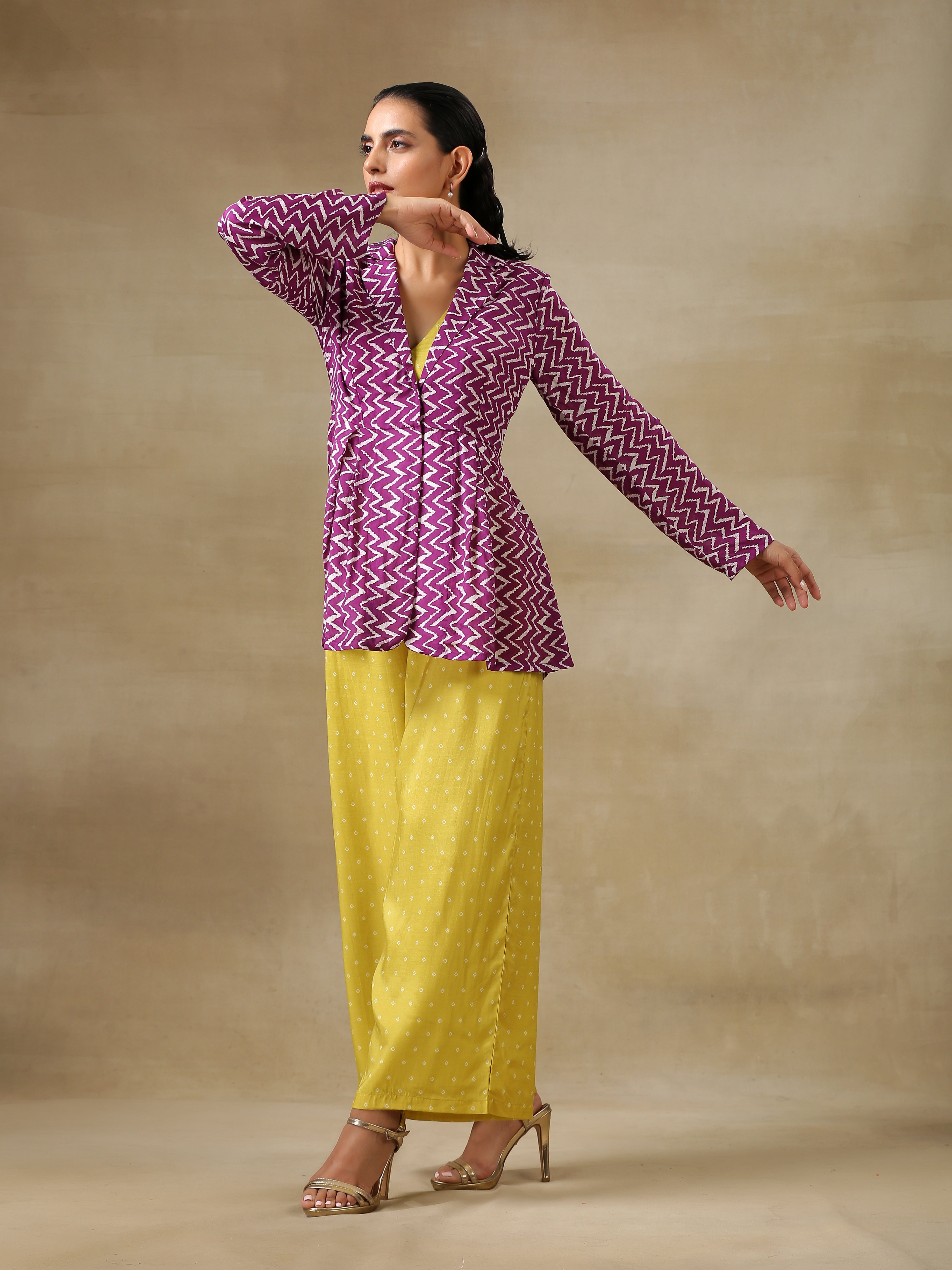 trueBrowns Lime Green Bandhani Printed Silk Top Pant with Purple Printed Jacket Set - Distacart