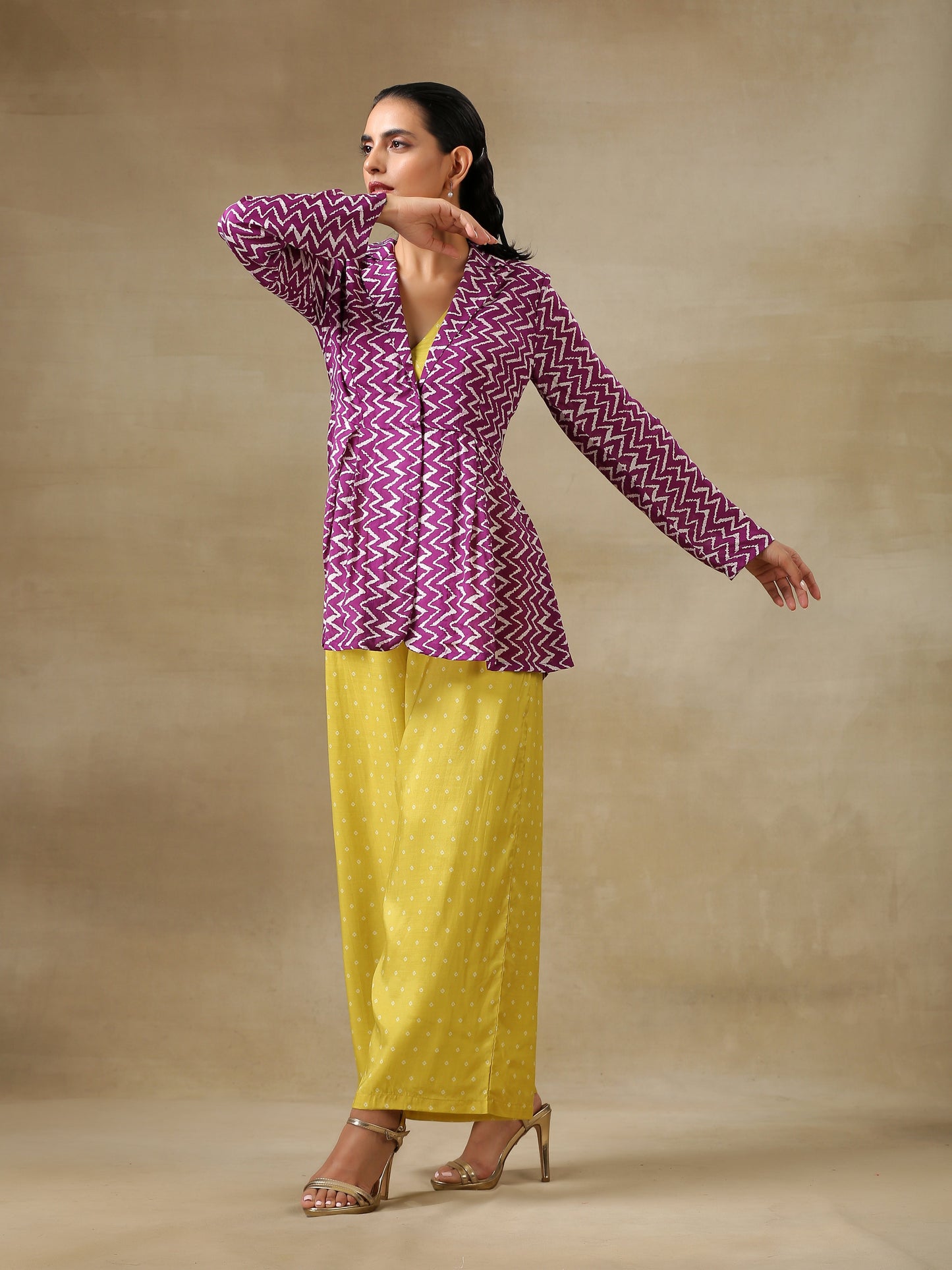 trueBrowns Lime Green Bandhani Printed Silk Top Pant with Purple Printed Jacket Set - Distacart