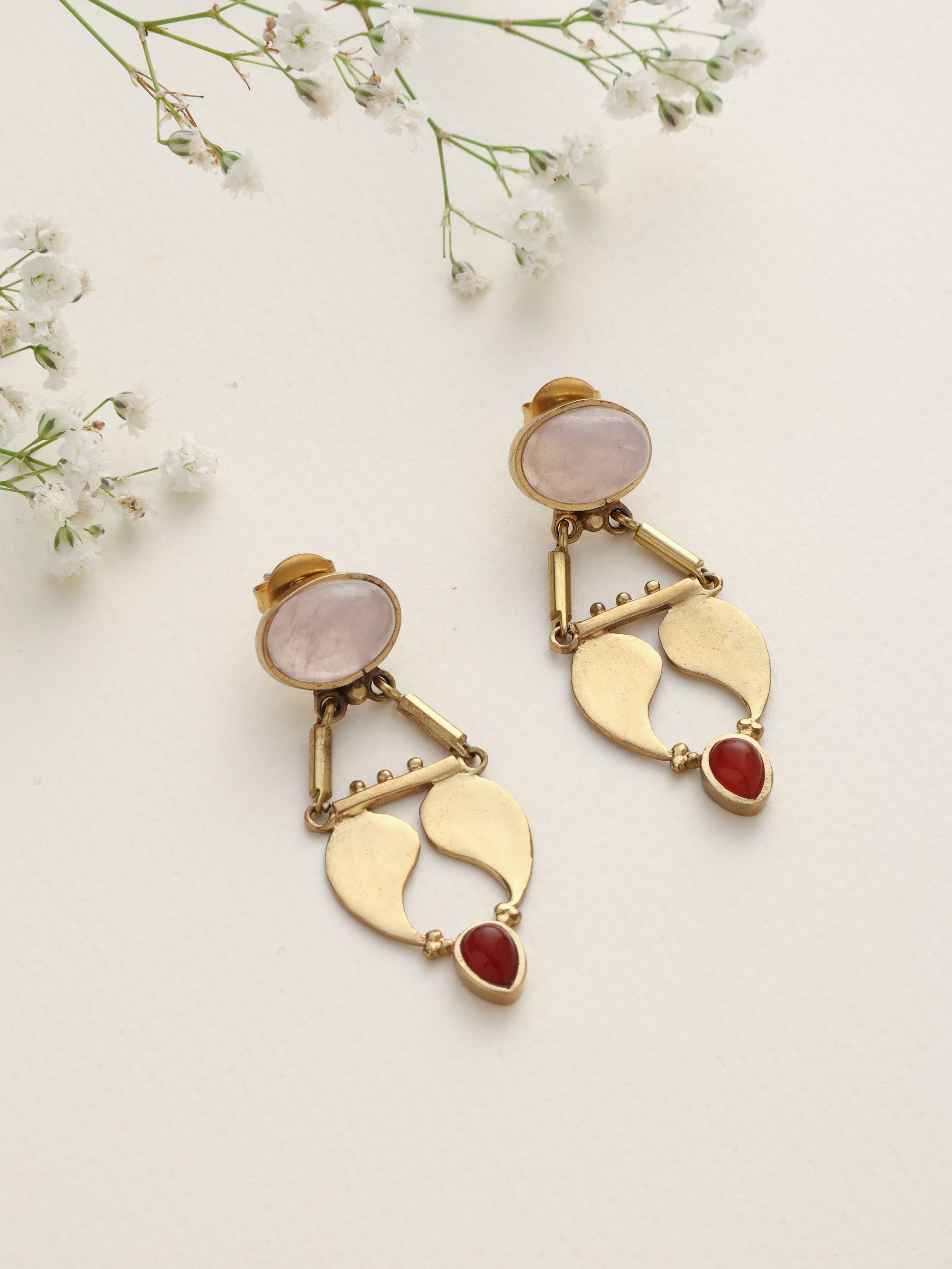 trueBrowns Brass Pink Stone Paisley Earrings - Distacart