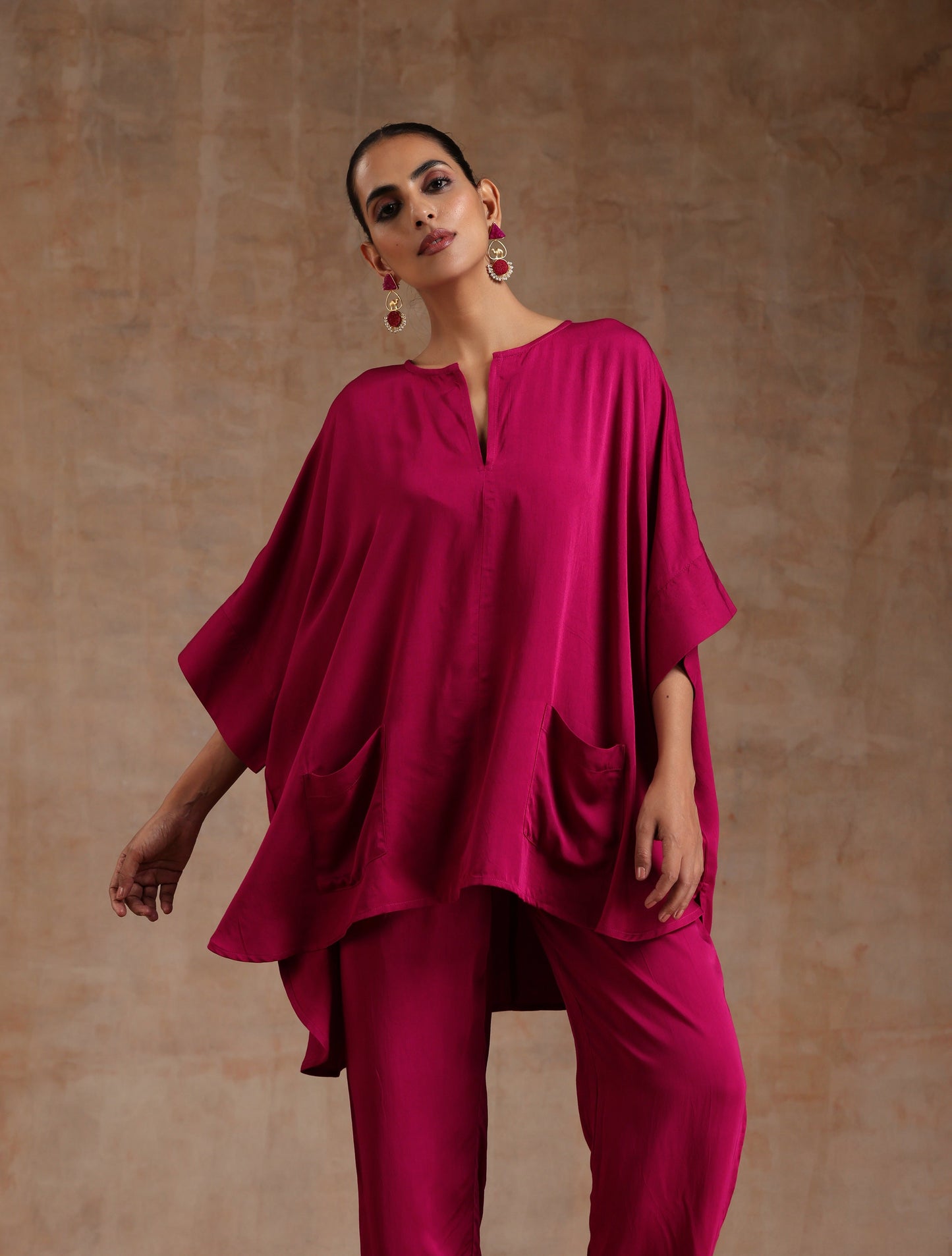 trueBrowns Pink Modal Satin Boxy Fit High-Low Co-Ord Set - Distacart