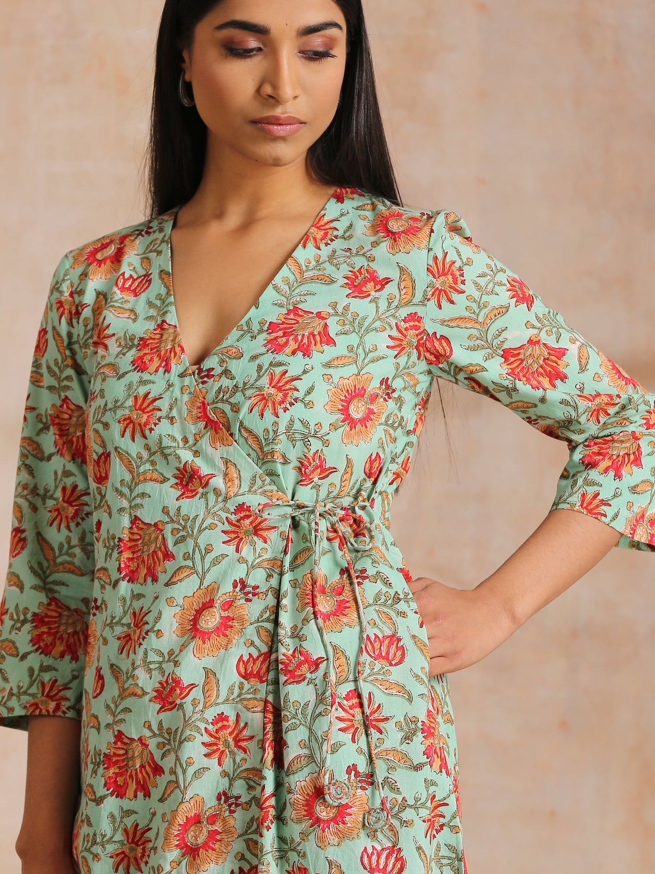 trueBrowns Seafoam Green Overall Floral Block Print Cotton Angrakha Pant Set - Distacart
