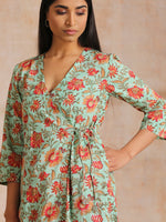 Thumbnail for trueBrowns Seafoam Green Overall Floral Block Print Cotton Angrakha Pant Set - Distacart