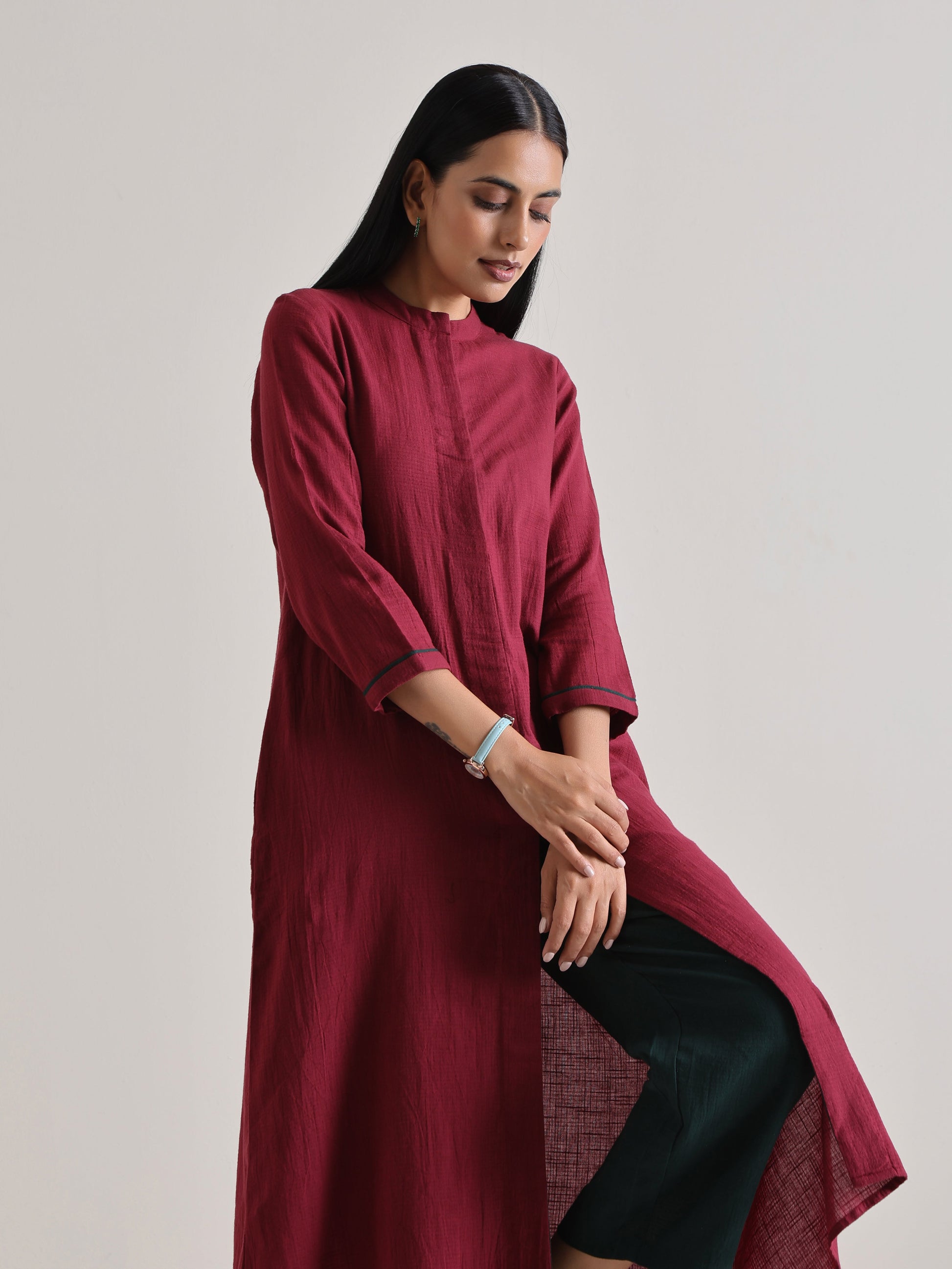 trueBrowns Maroon Placket Kurta Pant Set - Distacart