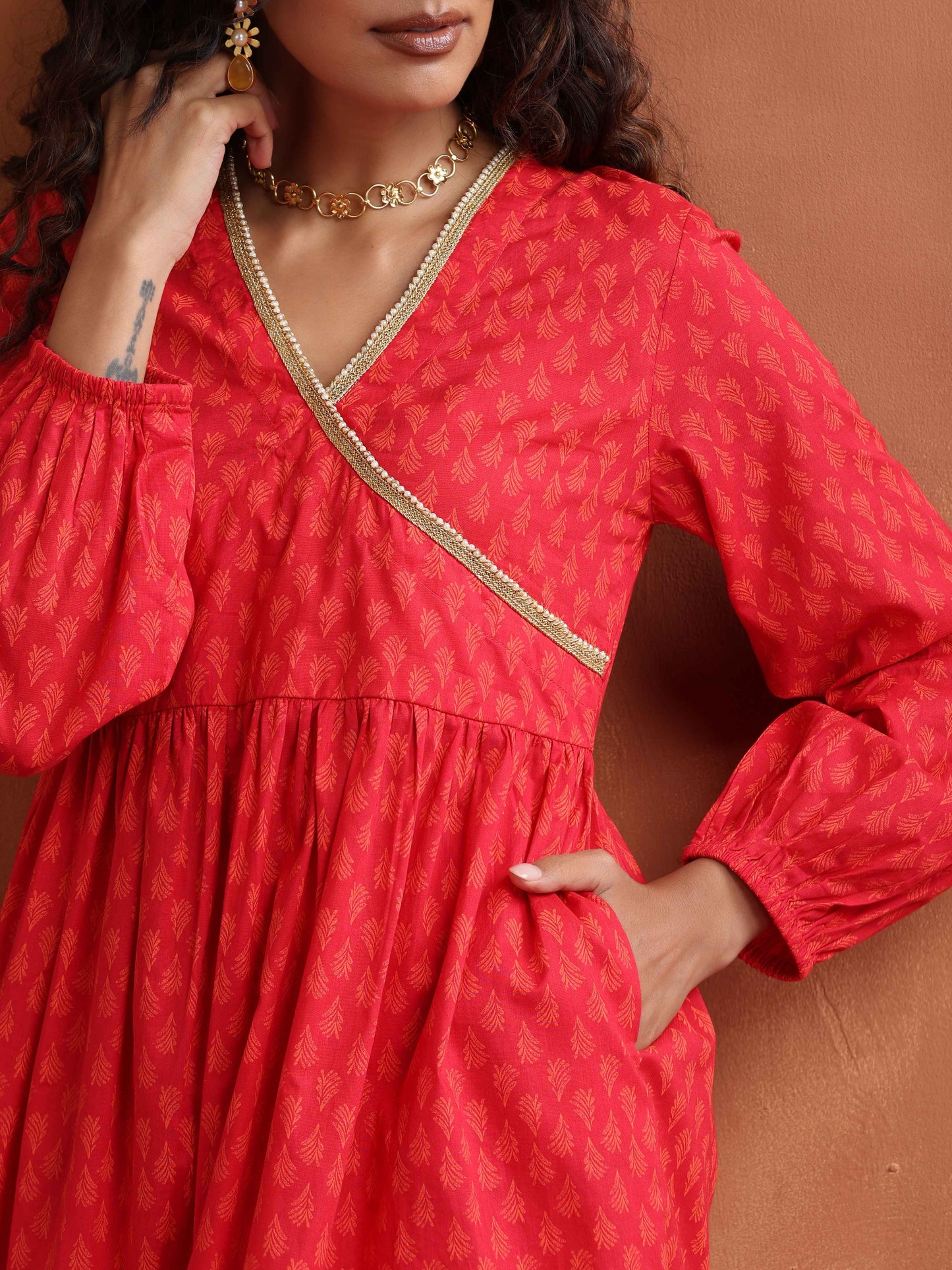 trueBrowns Red Print Angrakha Co-ord Set - Distacart