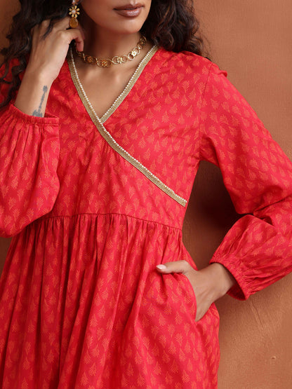trueBrowns Red Print Angrakha Co-ord Set - Distacart