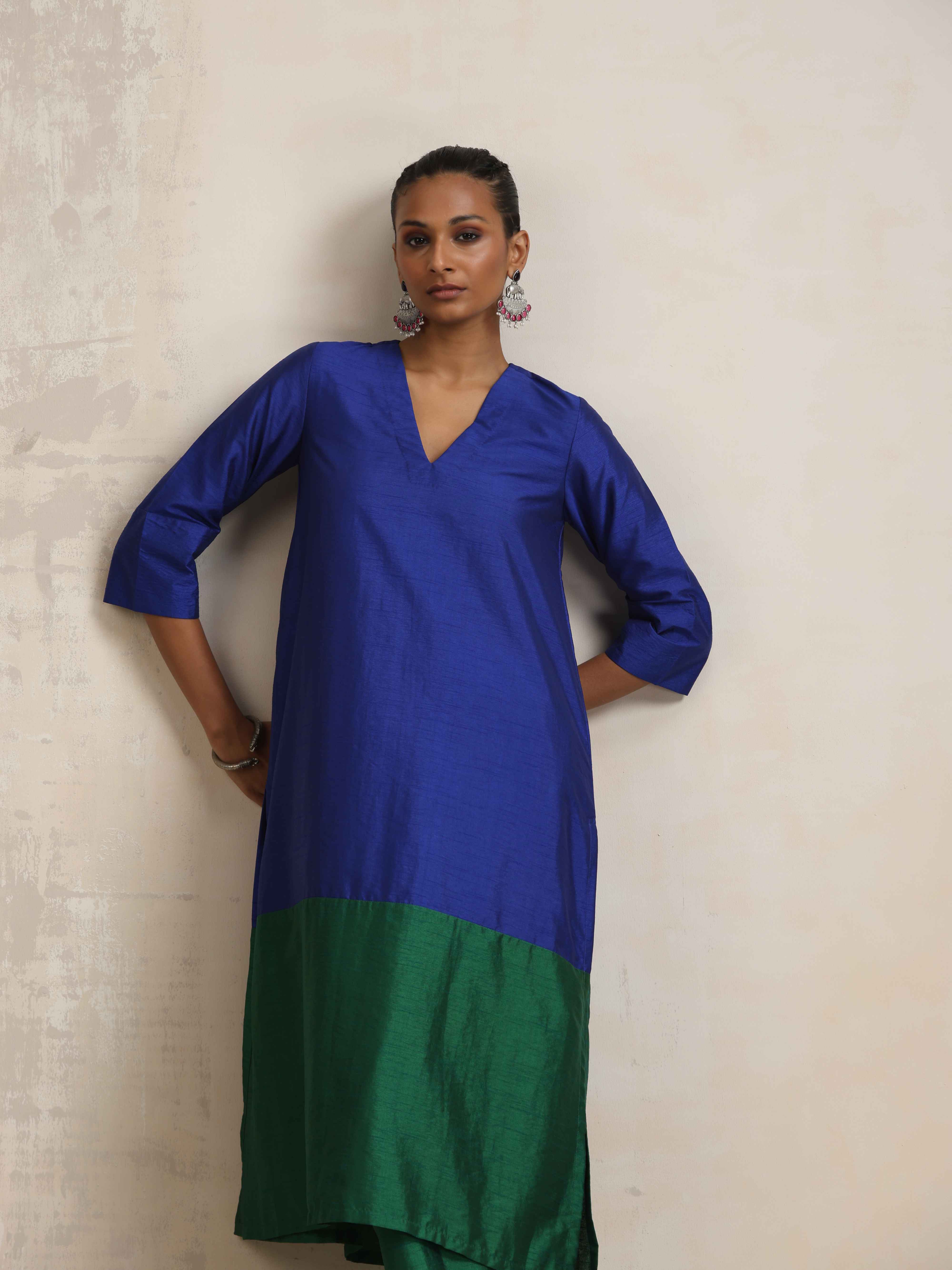 trueBrowns Blue Silk Kurta Set - Distacart