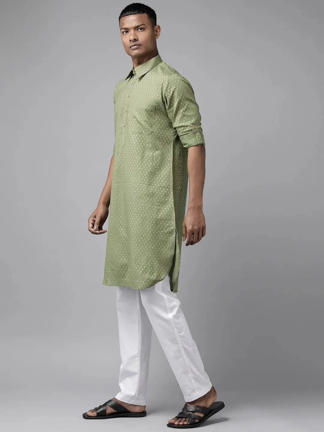 Fabmade Pure Cotton Olive Green Printed Pathani Kurta Pyjama