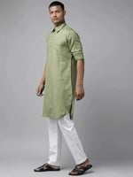Thumbnail for Fabmade Pure Cotton Olive Green Printed Pathani Kurta Pyjama