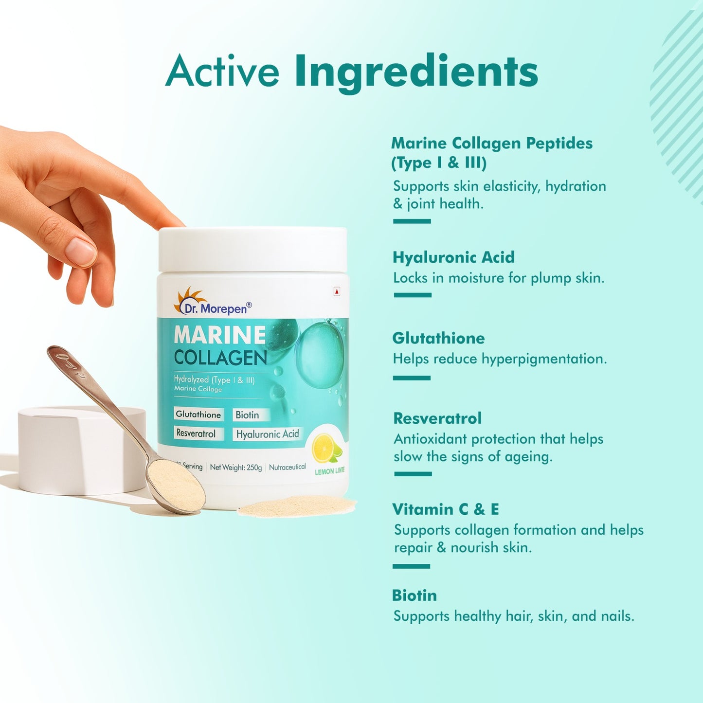 Dr. Morepen Biotin+ Advanced Tablets & DR. Morepen Marine Collagen Powder with Glutathione, Hyaluronic Acid, Resveratrol & Biotin Lemon Lime Flavour - Combo - Distacart