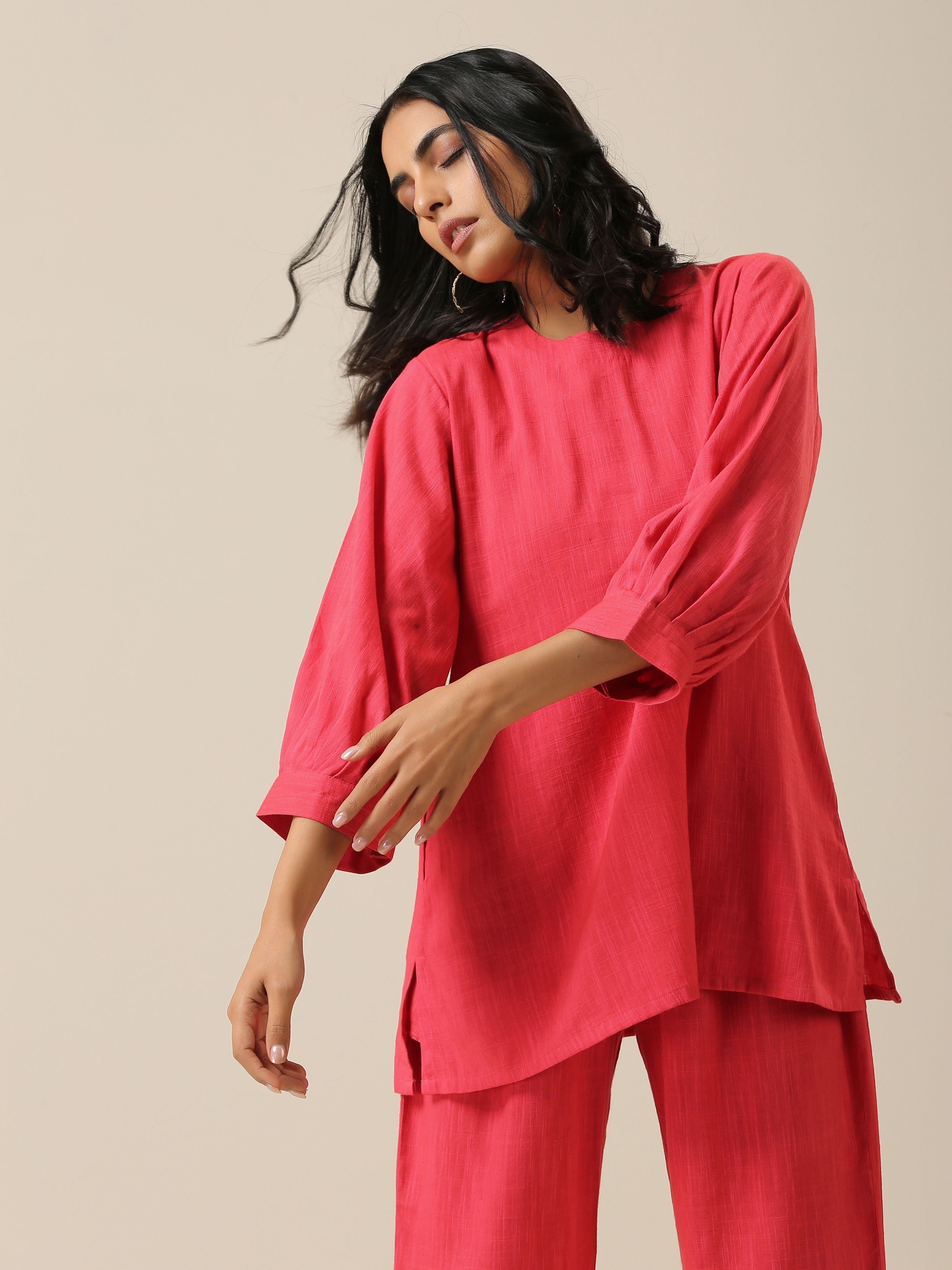 trueBrowns Bright Pink Slub Texture Baggy Sleeve Co-Ord Set | Relove
