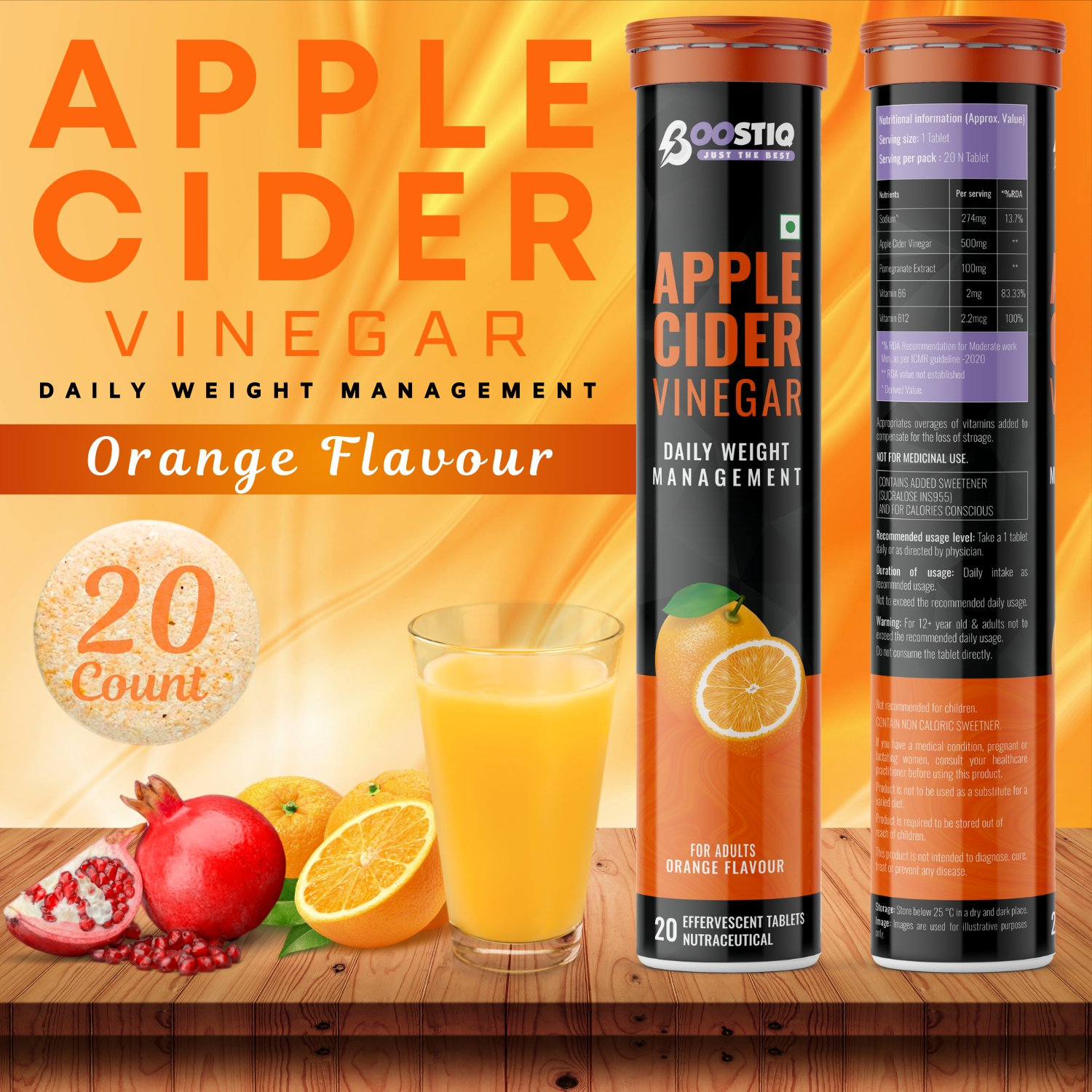 BOOSTIQ Apple Cider Vinegar Effervescent Tablets - Orange Flavour - Distacart