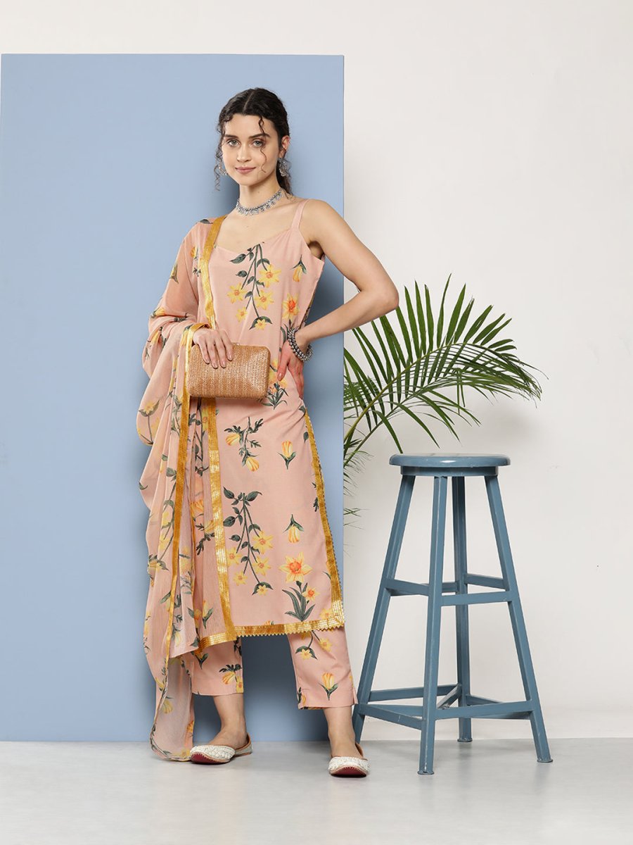Ahalyaa Women Nude-Coloured Floral Printed Gotta Patti Kurta with Trousers & With Dupatta - Distacart