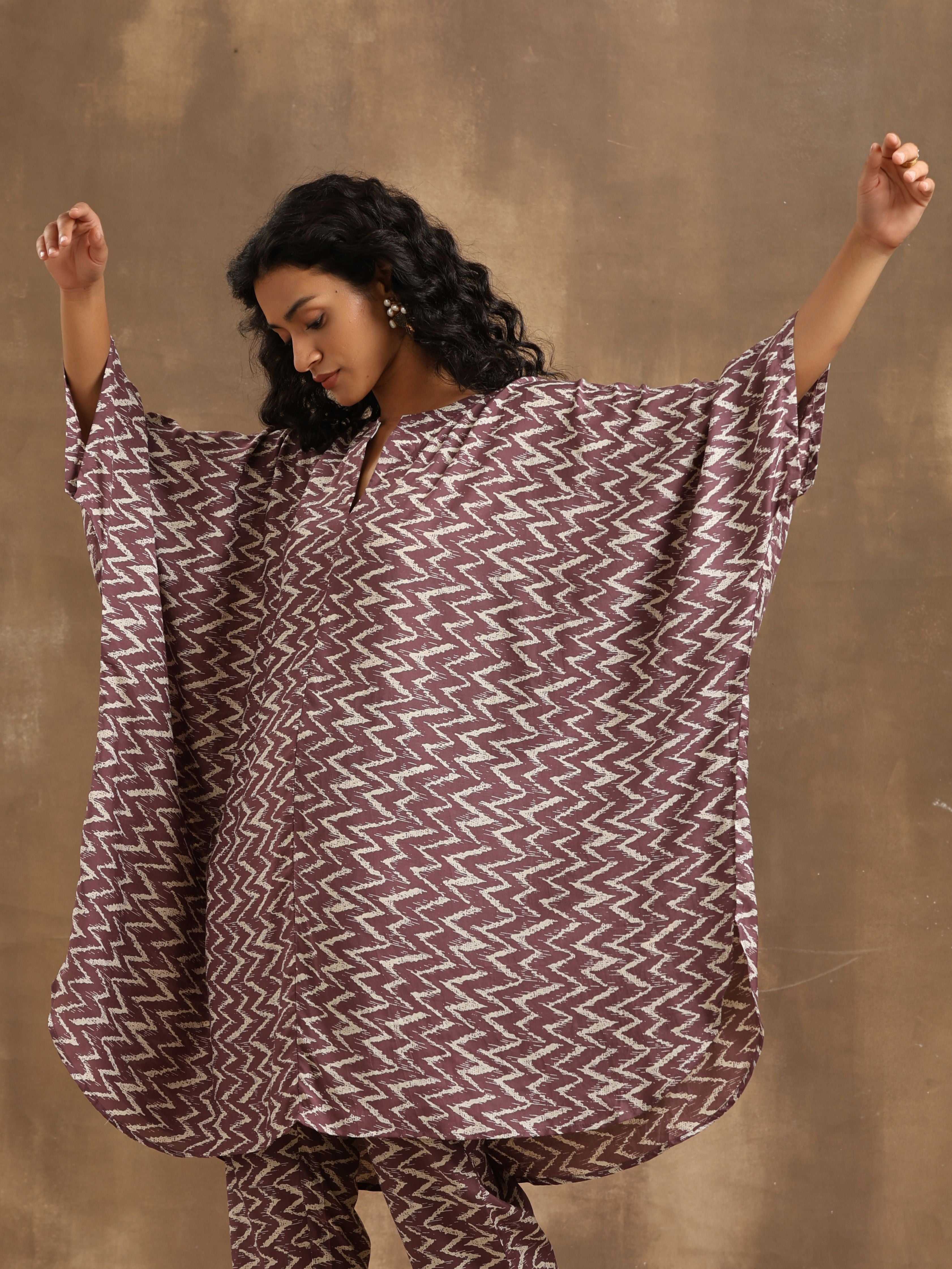 trueBrowns Dark Mauve Zig Zag Printed Silk Kaftan Co-Ord Set - Distacart