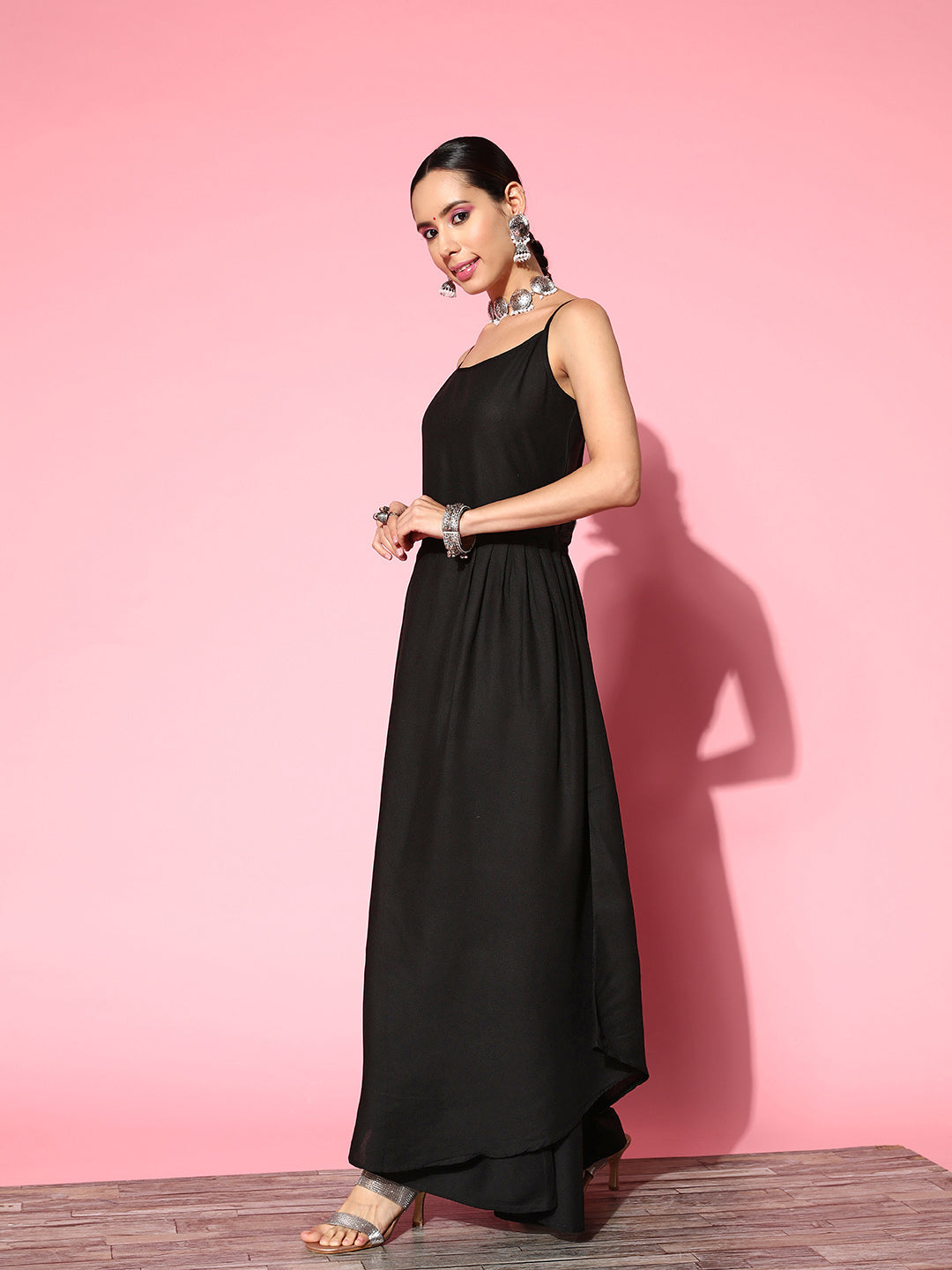 InWeave Black Strappy Set With Green Floral Organza Cape