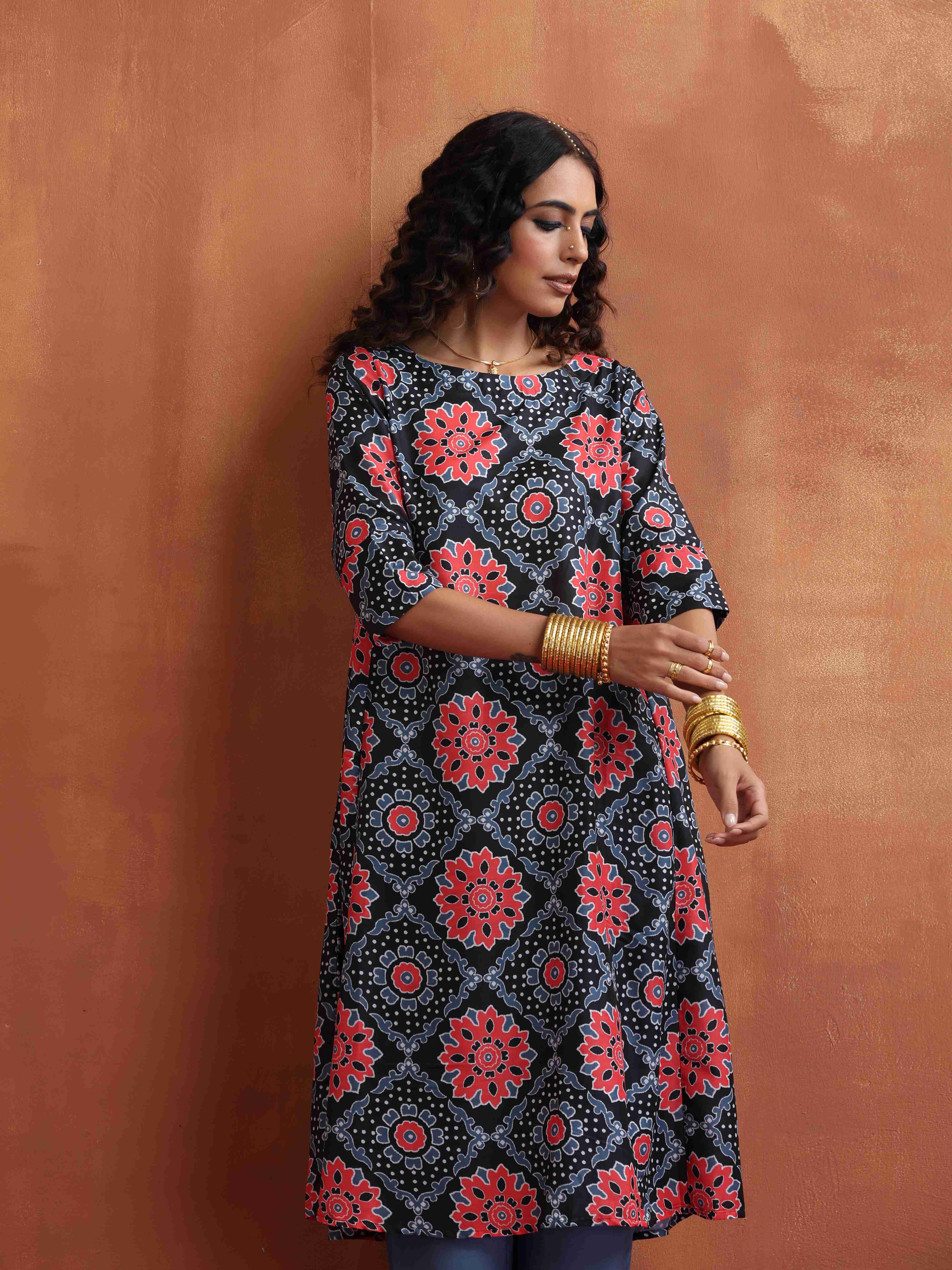 trueBrowns Black Ajrak Print A-line Kurta Set - Distacart