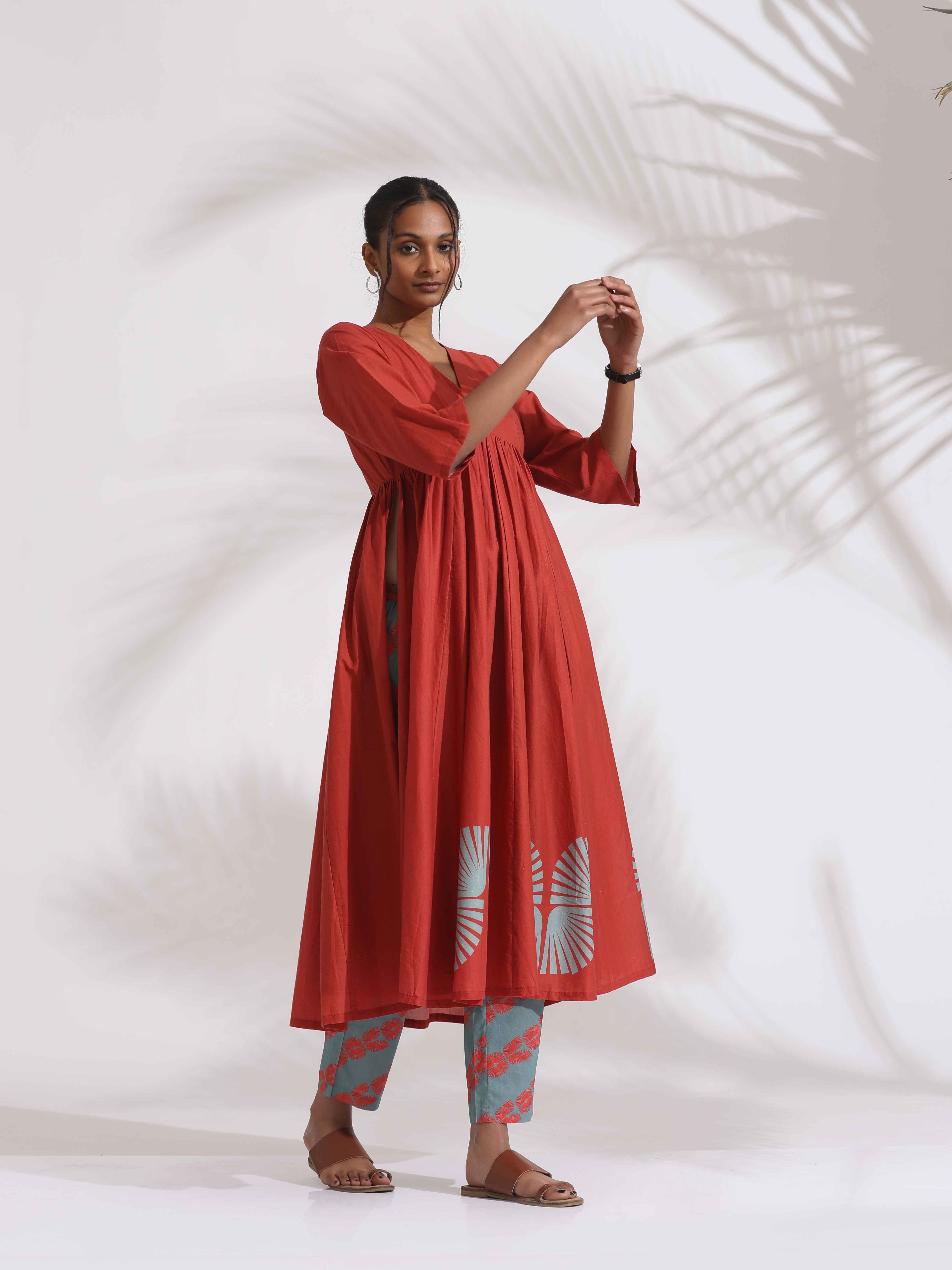trueBrowns Red Cotton Print Flared Kurta Set