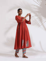 Thumbnail for trueBrowns Red Cotton Print Flared Kurta Set