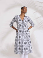 Thumbnail for trueBrowns White Cotton Geometric Print Angrakha Kurta Set