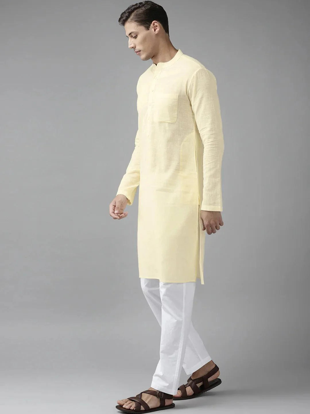 Fabmade Men Cream Cotton Linen Kurta Pyjama