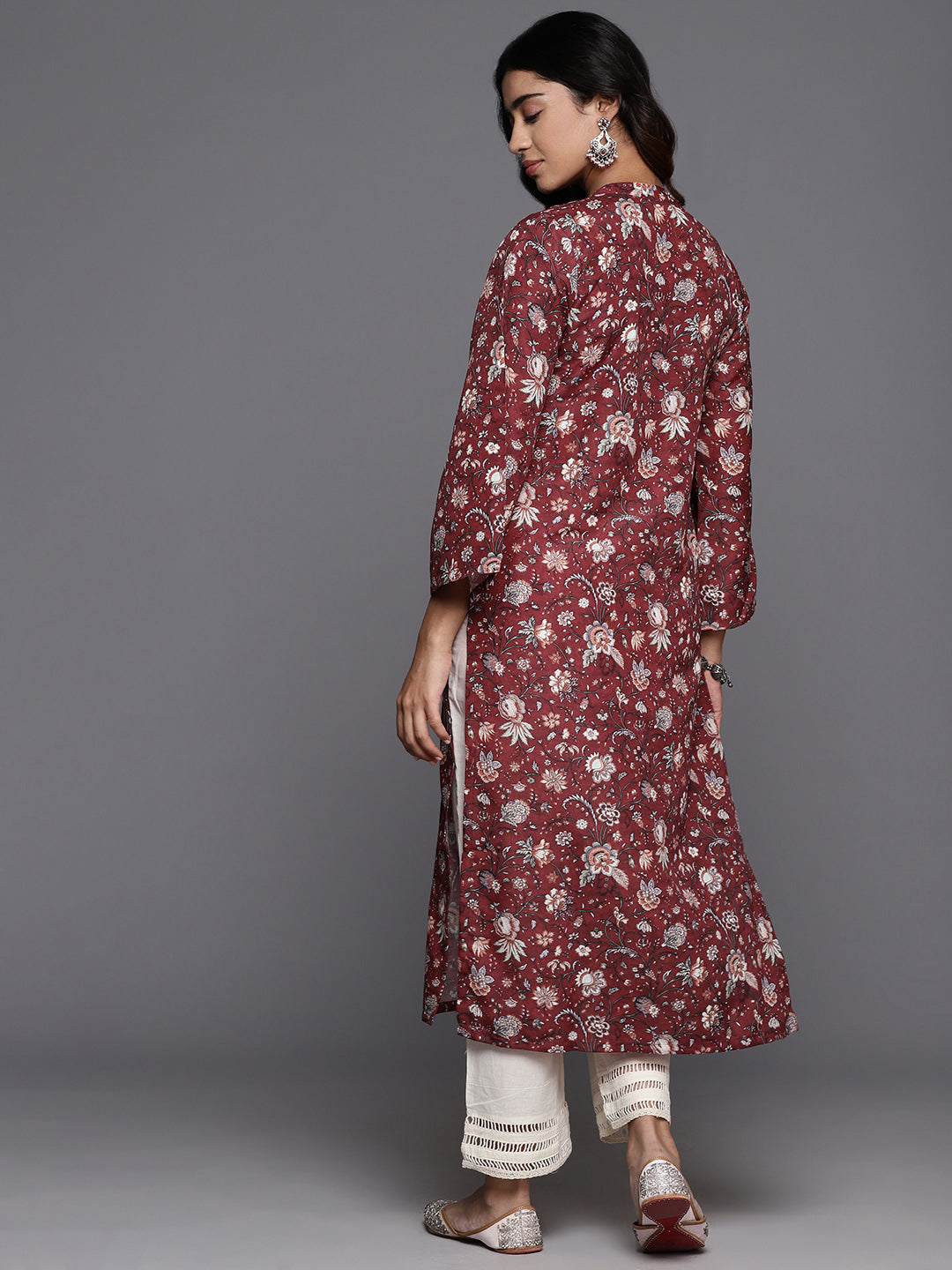 Varanga Women Maroon Floral Printed Straight Kurta With Flared Sleeves - Distacart