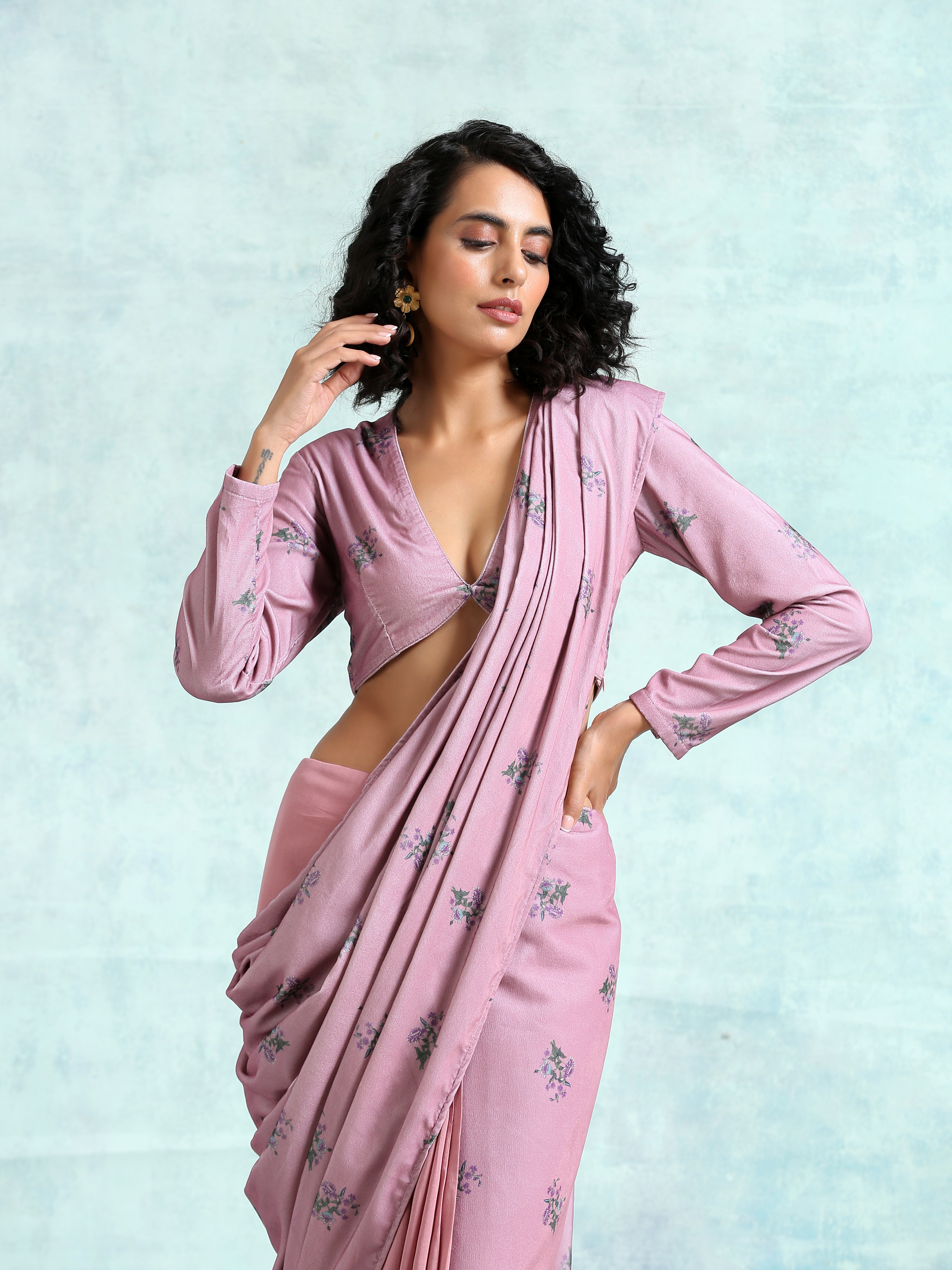 trueBrowns Light Mauve Printed Velvet Ready to Wear Saree - Distacart