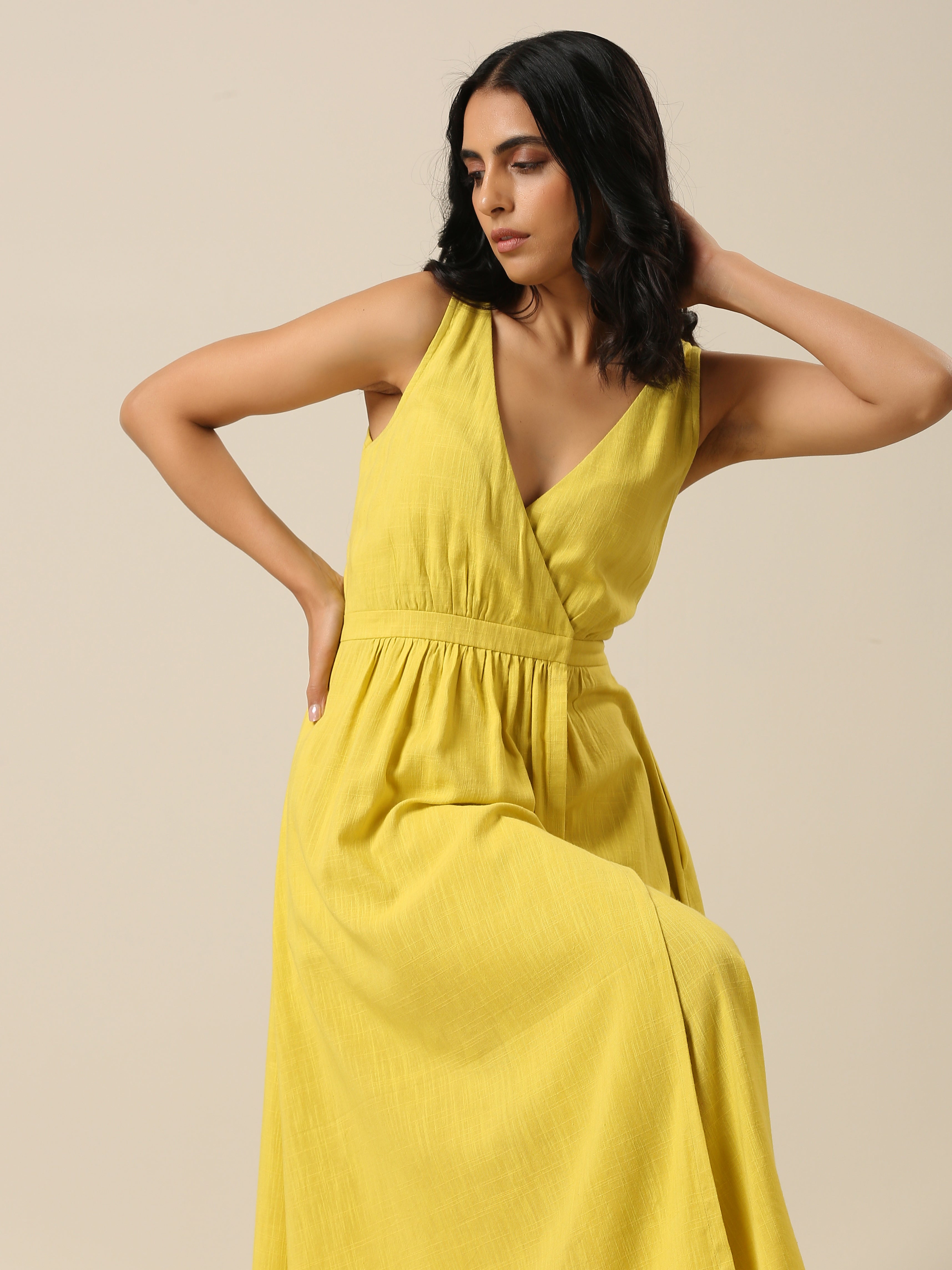 trueBrowns Lime Slub Texture Sleeveless Wrap Dress - Distacart