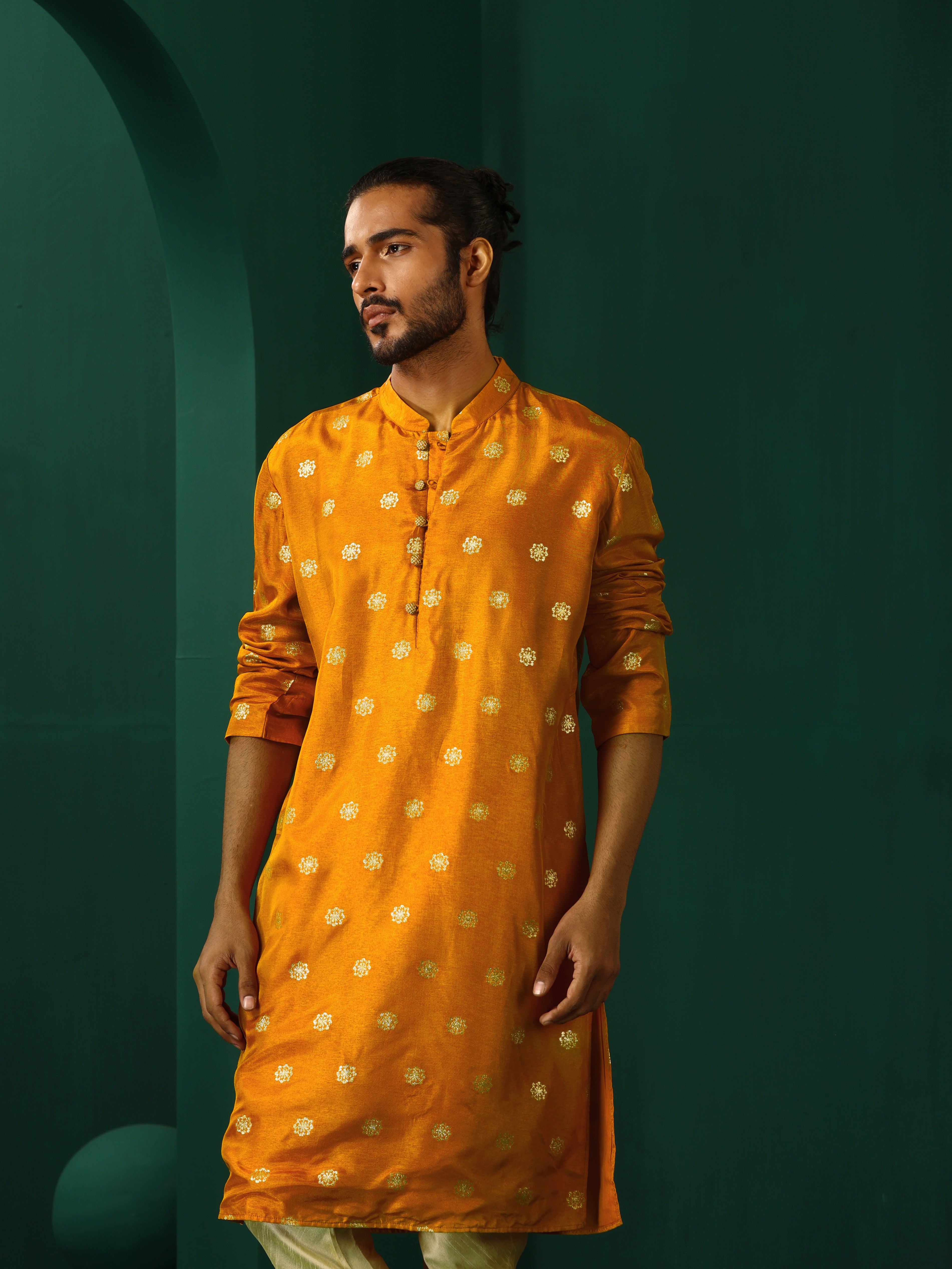 trueBrowns Men's Mustard Geometric Floral Viscose Silk Long Kurta - Distacart