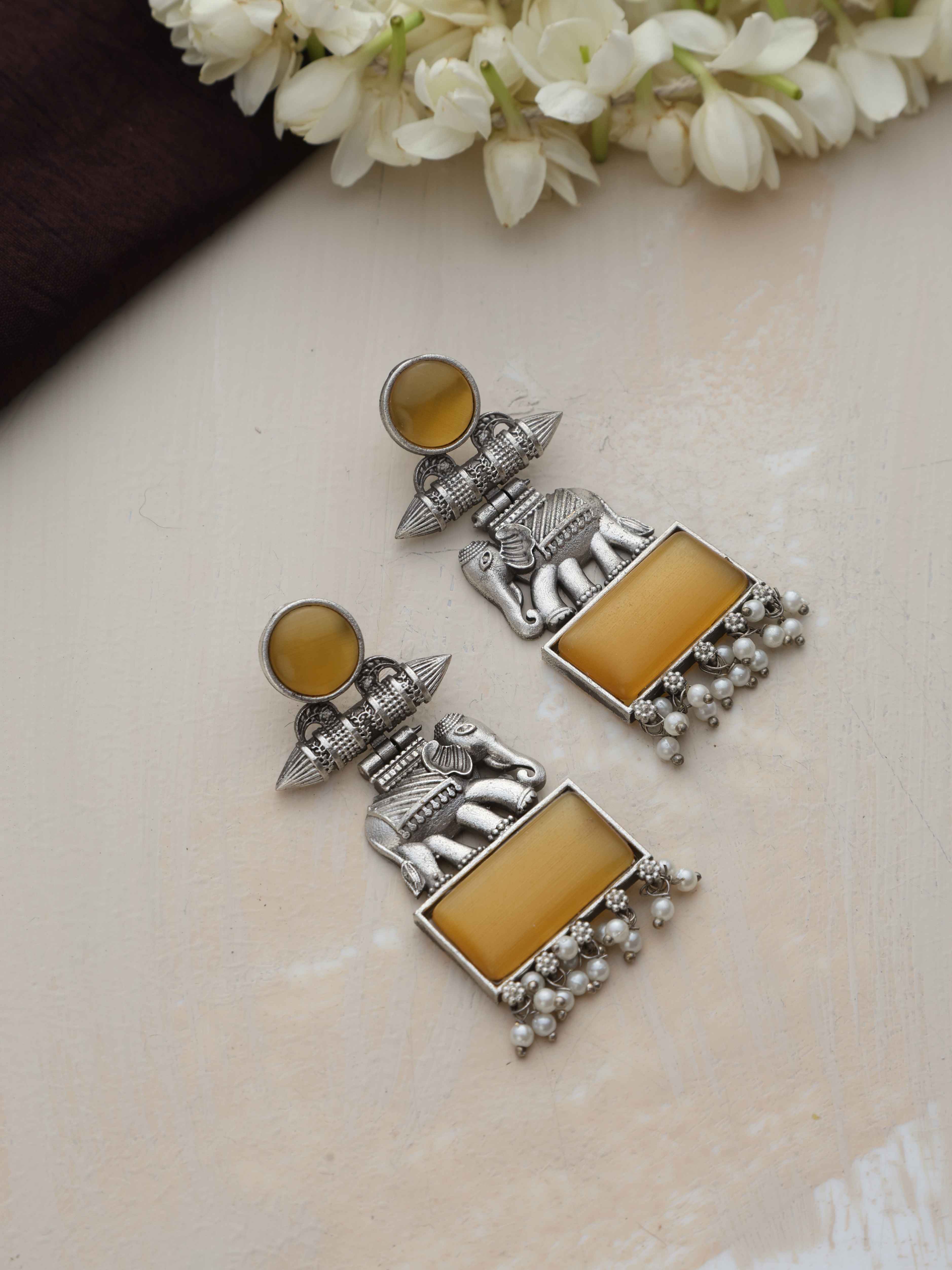 trueBrowns Silver Tone Yellow Stone Earrings - Distacart