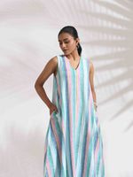 Thumbnail for trueBrowns Green Cotton Multi Stripe Flared Dress