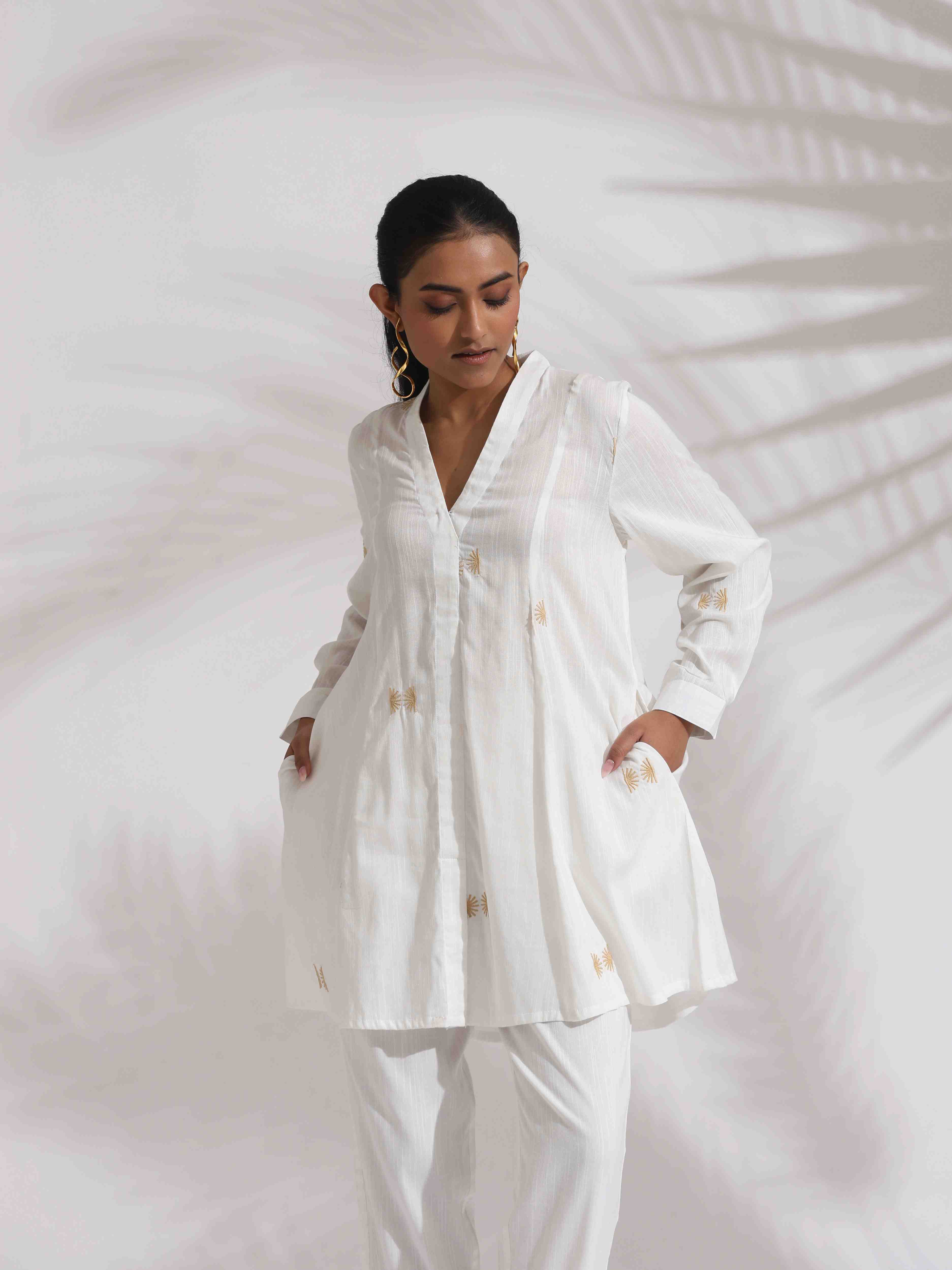 trueBrowns Off-White Cotton Embroidered A-line Co-ord Set