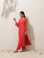 Thumbnail for trueBrowns Coral Viscose Solid Kurta Pant Set