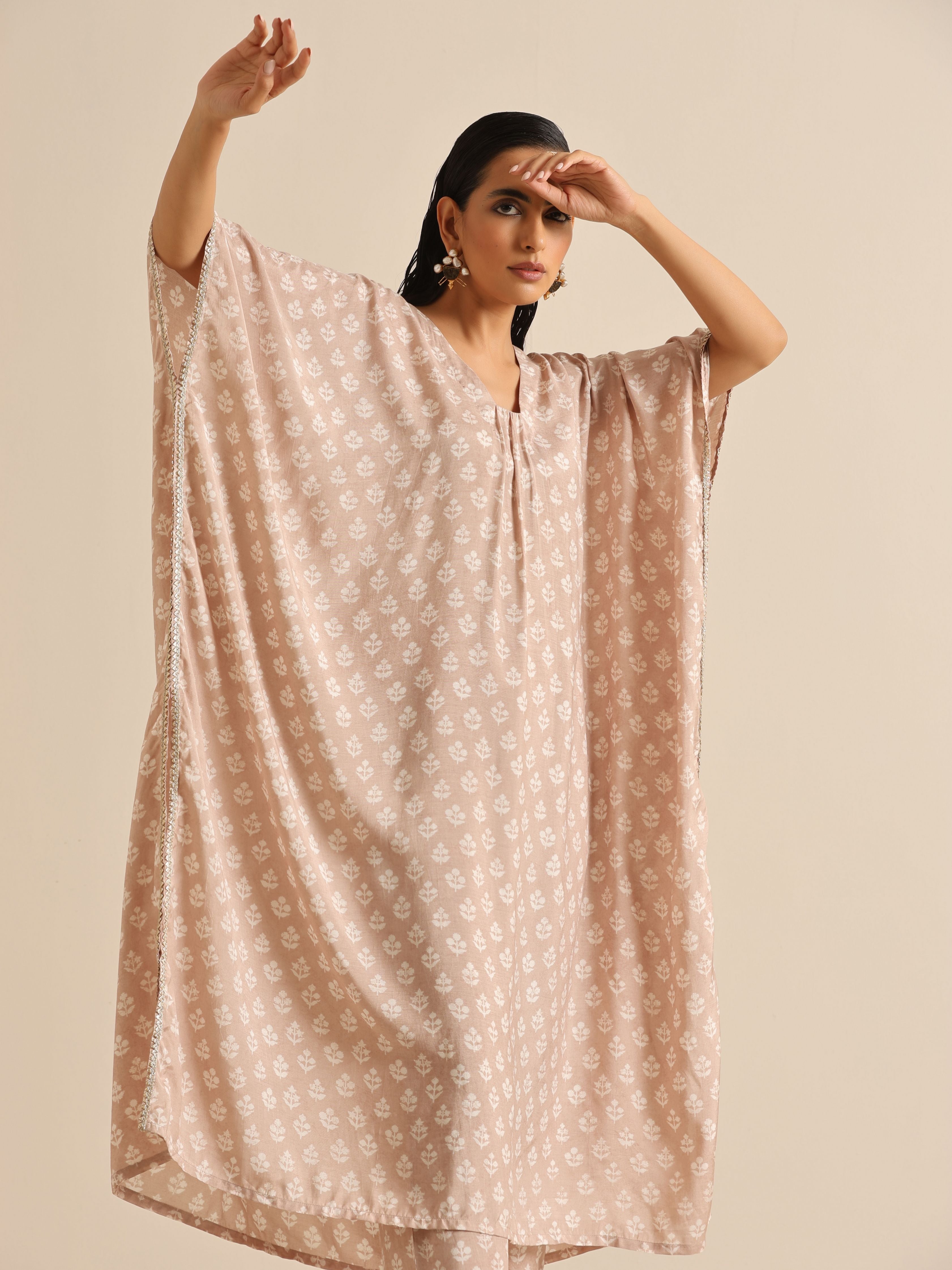trueBrowns Beige White Floral Silk Print Kaftan Pant Set - Distacart