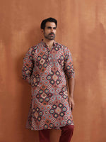 Thumbnail for trueBrowns Men's Rust Geometric Printed Kurta