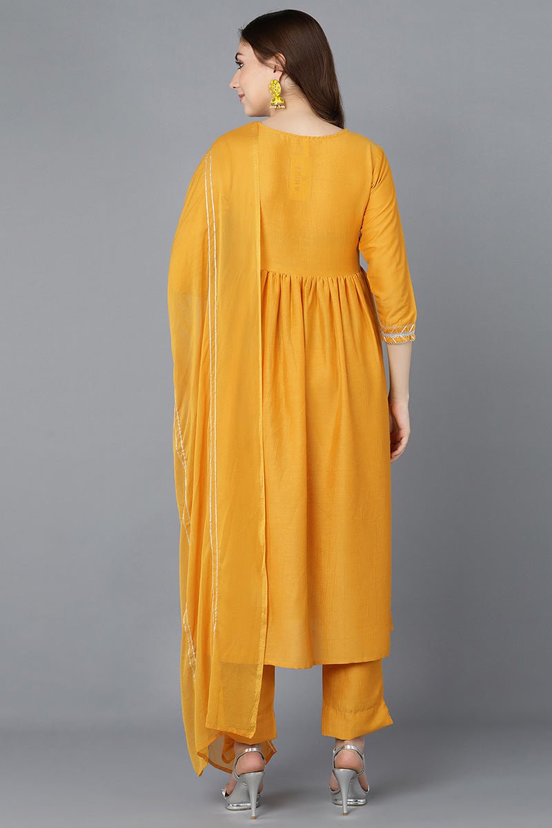 Ahika Mustard Poly Silk Flared Suit Set